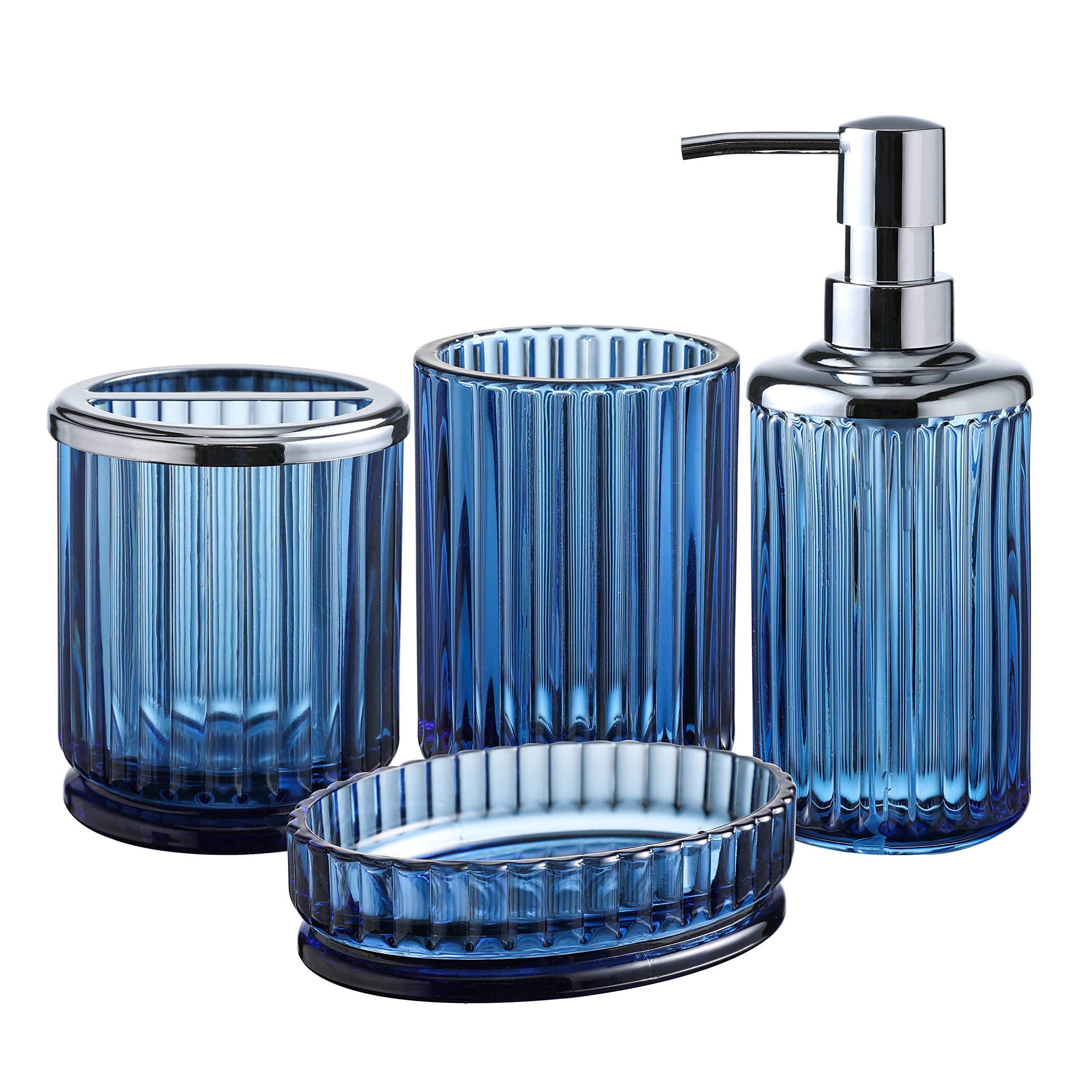 4Pcs Heavy Weight Decent Blue Glass Bathroom Accessories Set With Decorative Pressed Pattern - Includes Hand Soap Dispenser & Tu