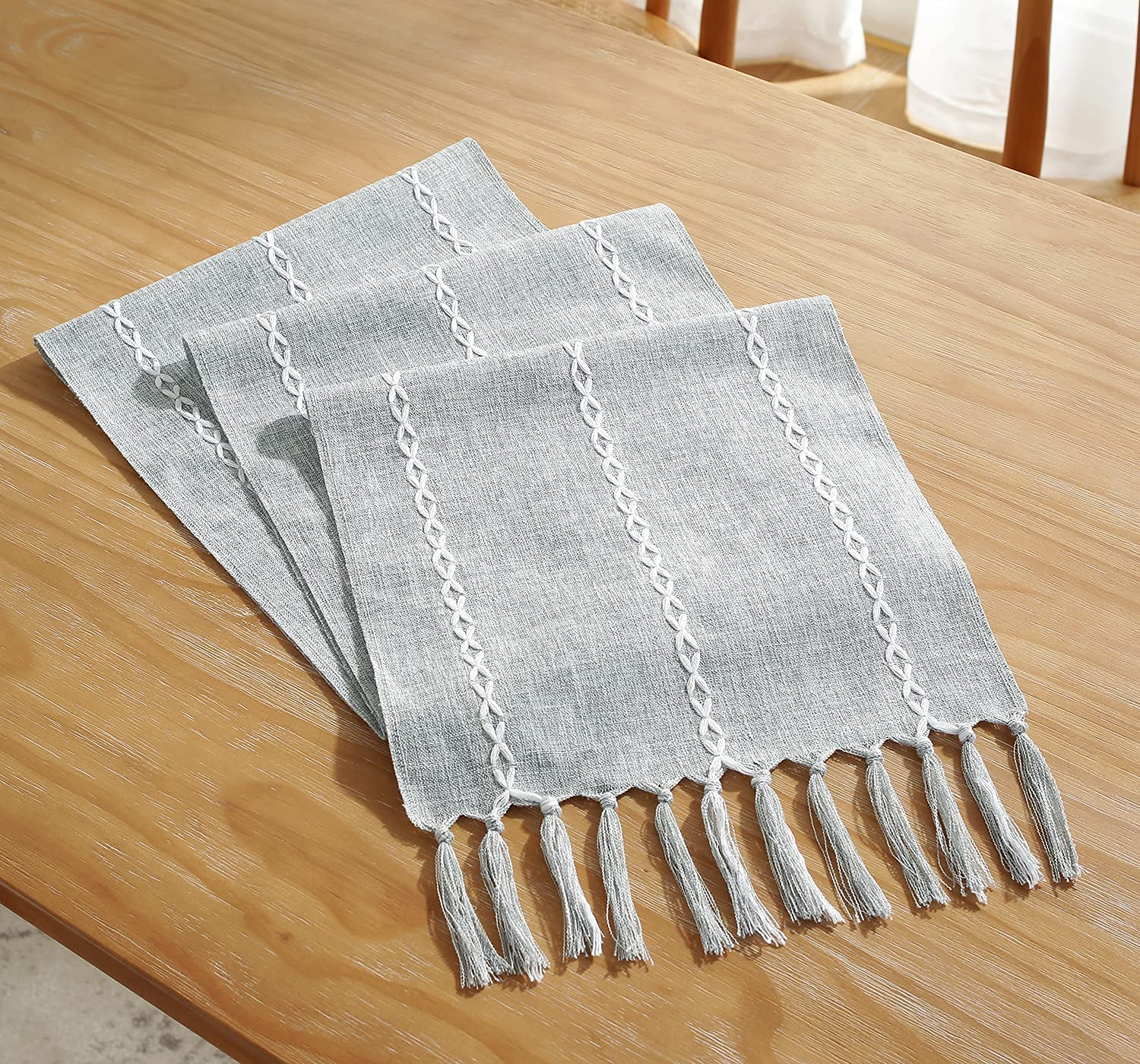 Chassic Rustic Farmhouse Style Linen Table Runner, Boho Handmade Tassel Embroidery Table Runners 90 Inches Long For Holiday Part