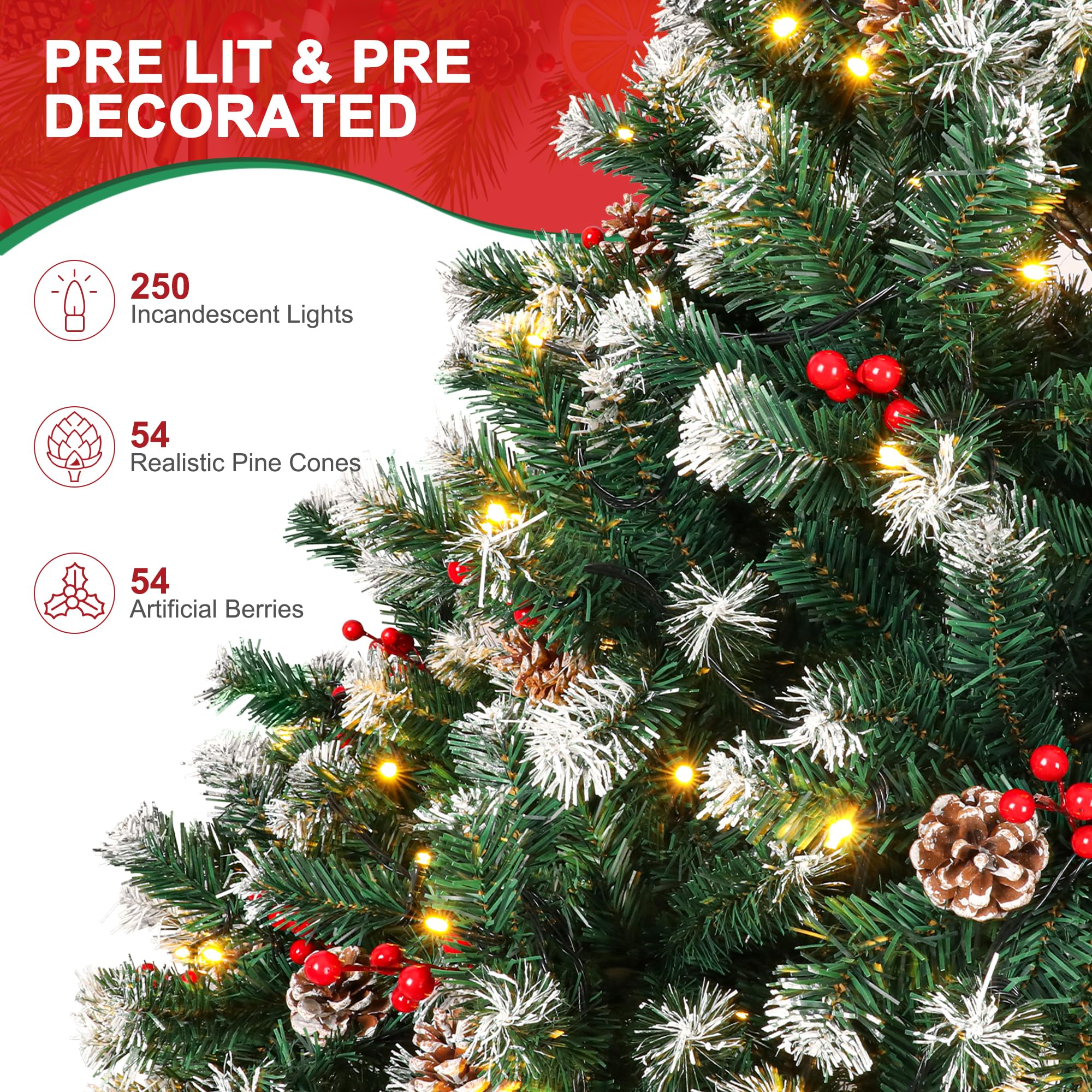 Hapsor Christmas Tree, 6ft Artificial Christmas Trees Pre lit Pre Decorated with 250 Warm Lights, Pine, Berry, Metal Hinged & Ba