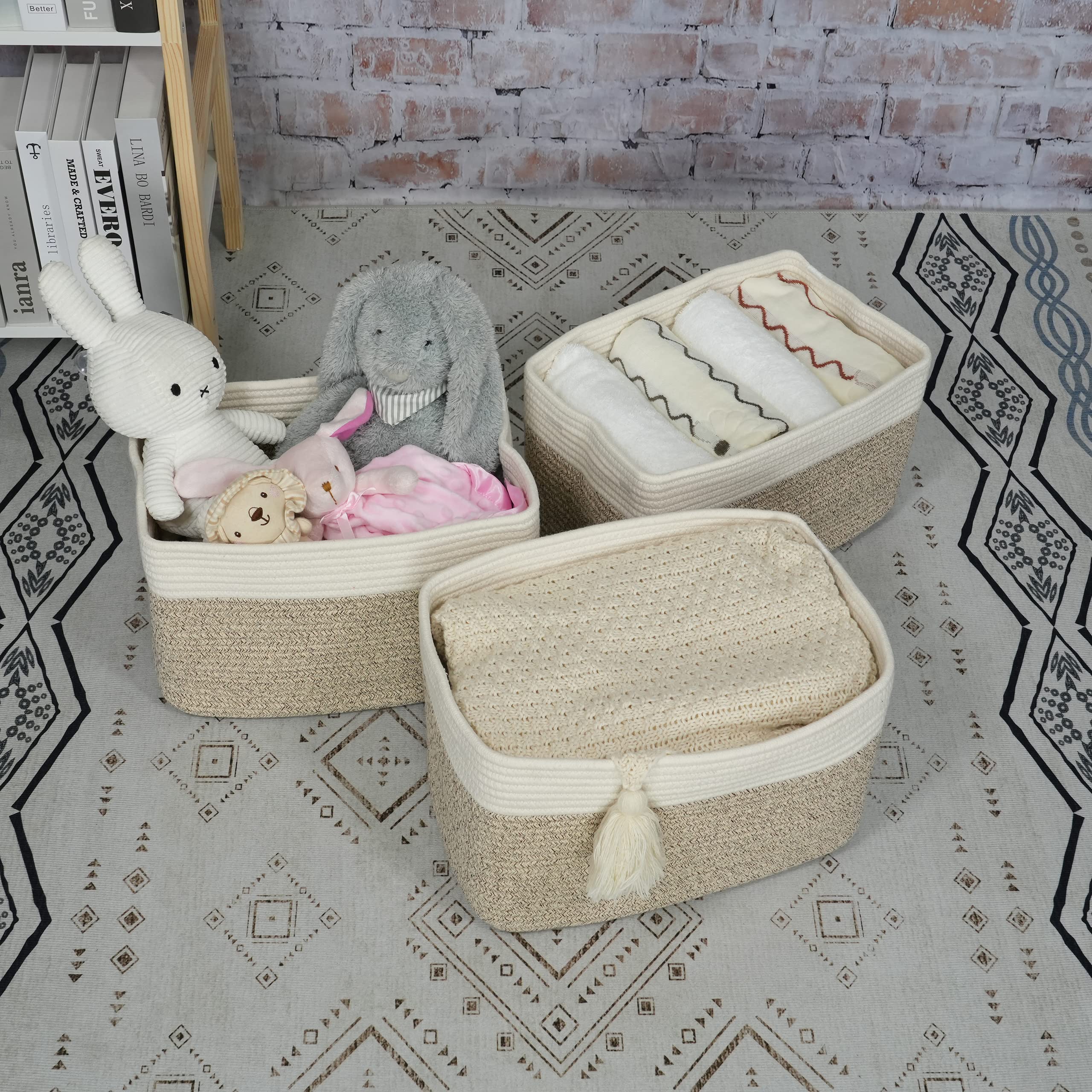 Cotton Rope Storage Basket Bins Woven Basket For Organizing Shelves Rectangle Decorative Baskets For Storage Clothes Toys Books