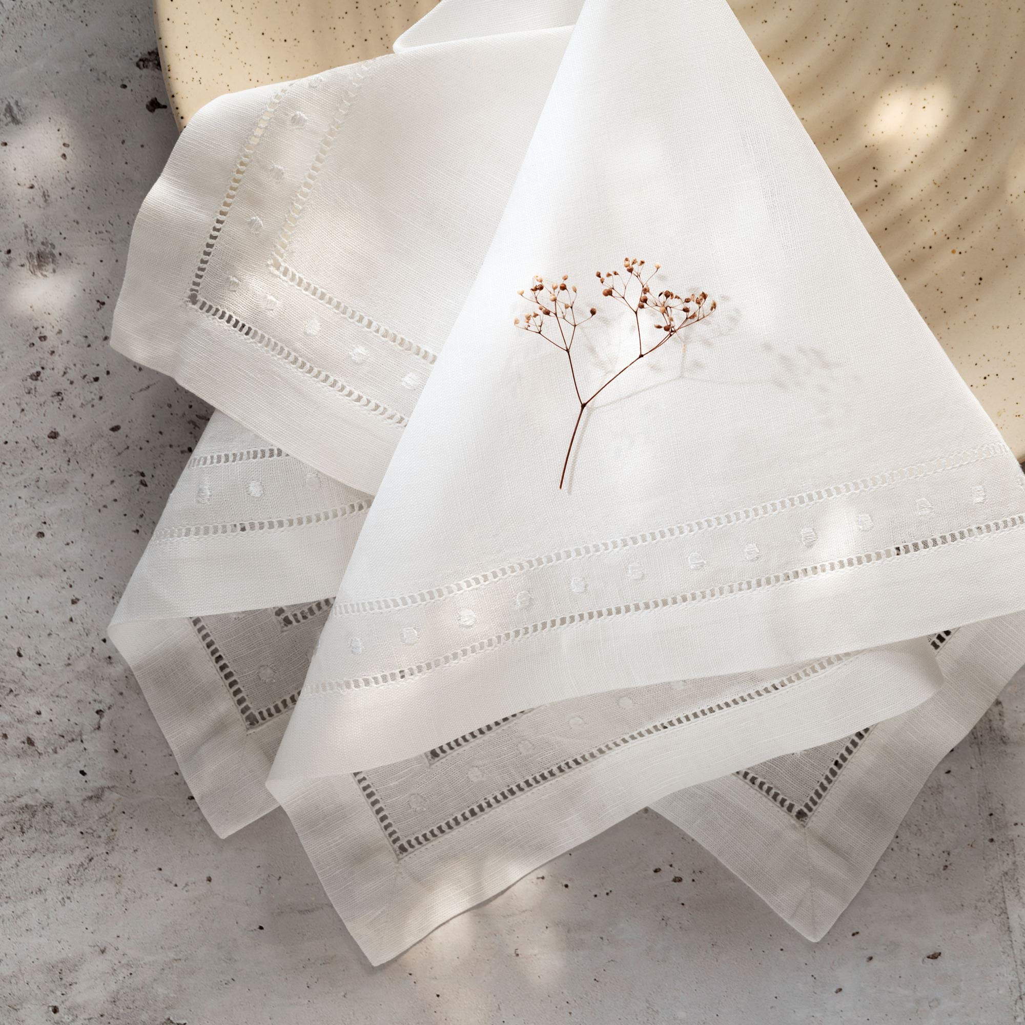 Linen Napkins Set Of 4-100% Flax Linen White Dinner Napkins With Embroidered Dot 18 X 18 Inch - Hemstitch Cloth Napkins Washable