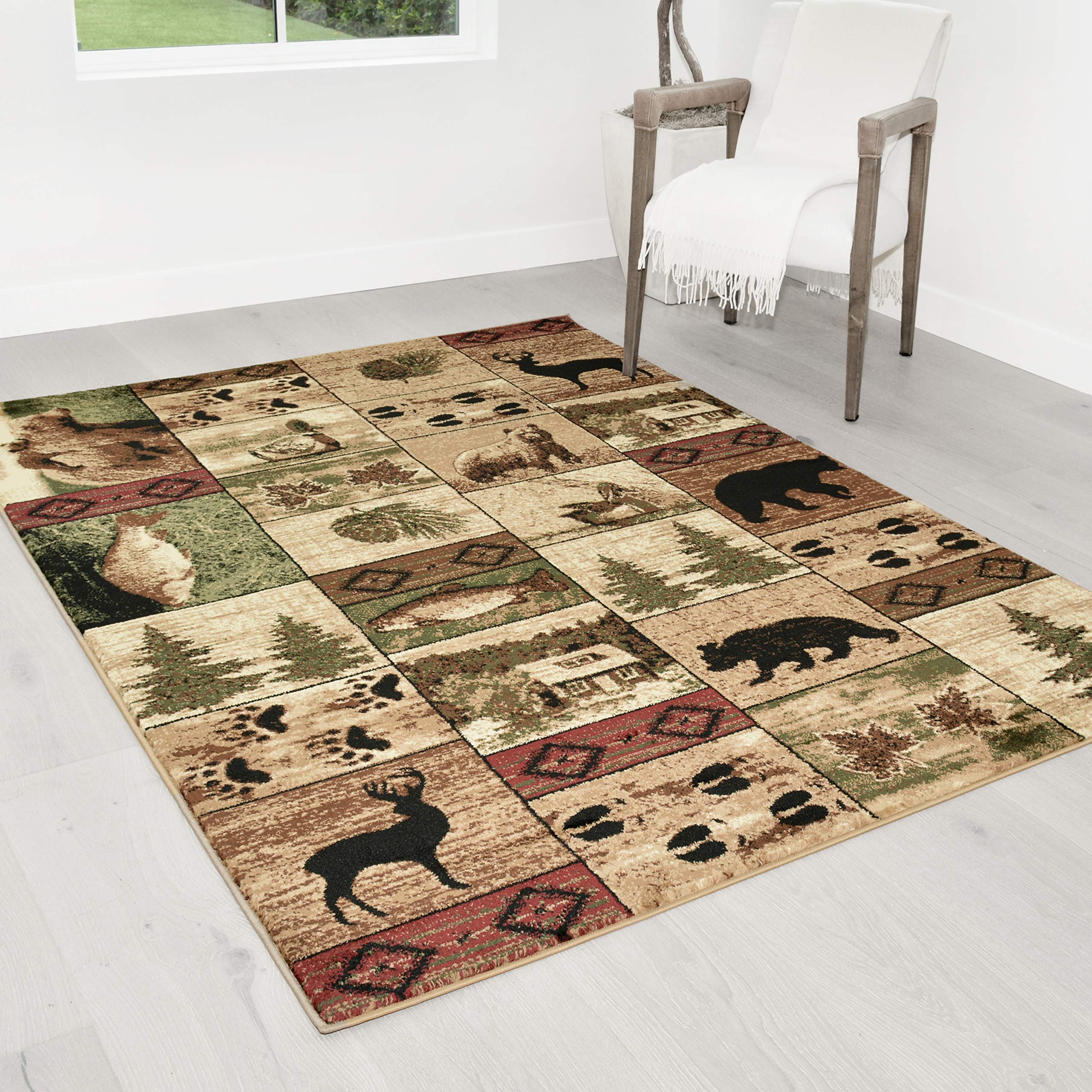 HR-Cabin Rug-Lodge, Cabin Nature and Animals Area Rug-Modern Geometric Pattern Cabin Area Rug (76    x 105   )