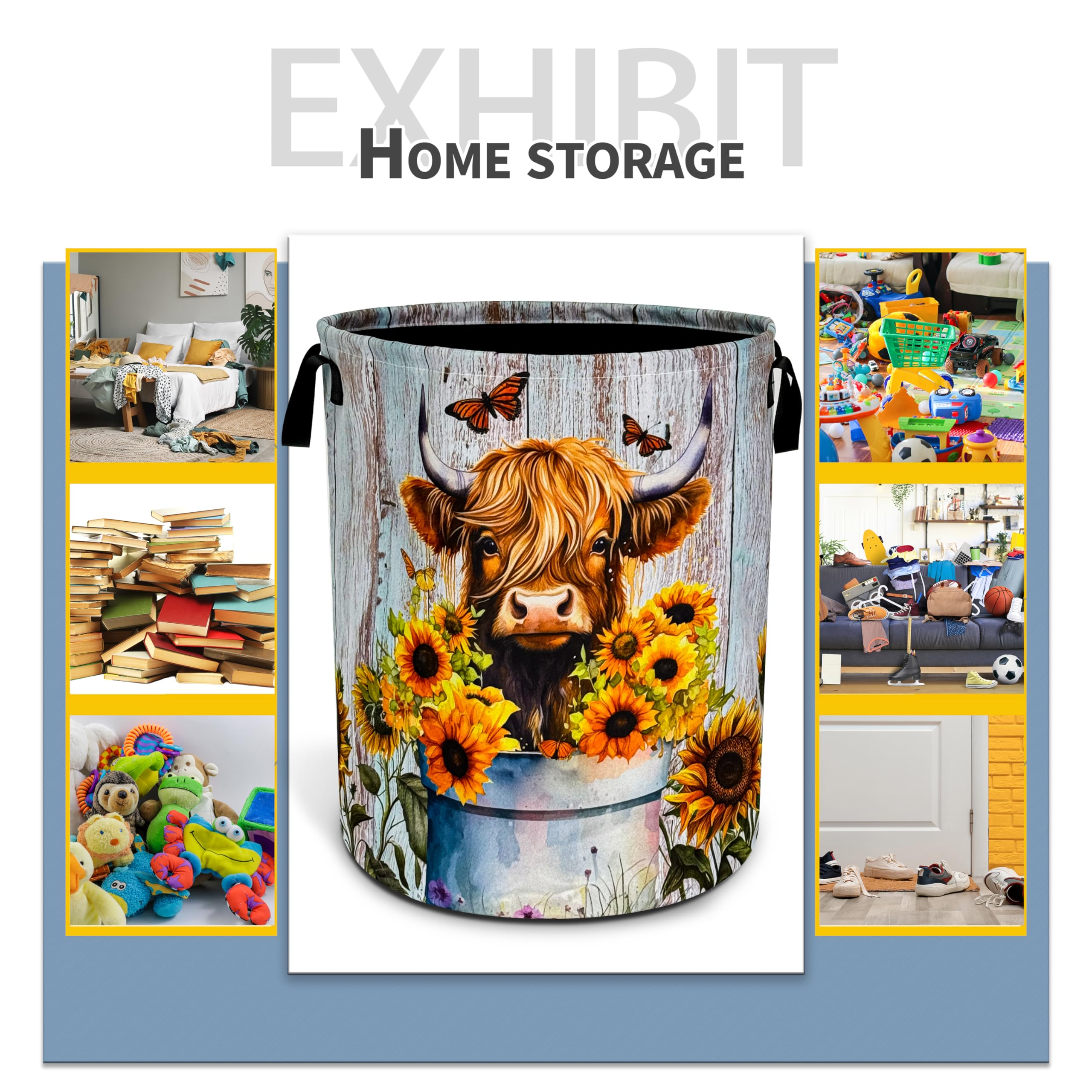 Nutainla Highland Cow Sunflower Laundry Basket Animal Foldable Oxford Cloth Funny Tote Bag Laundry Hamper Clothes Storage Bucket