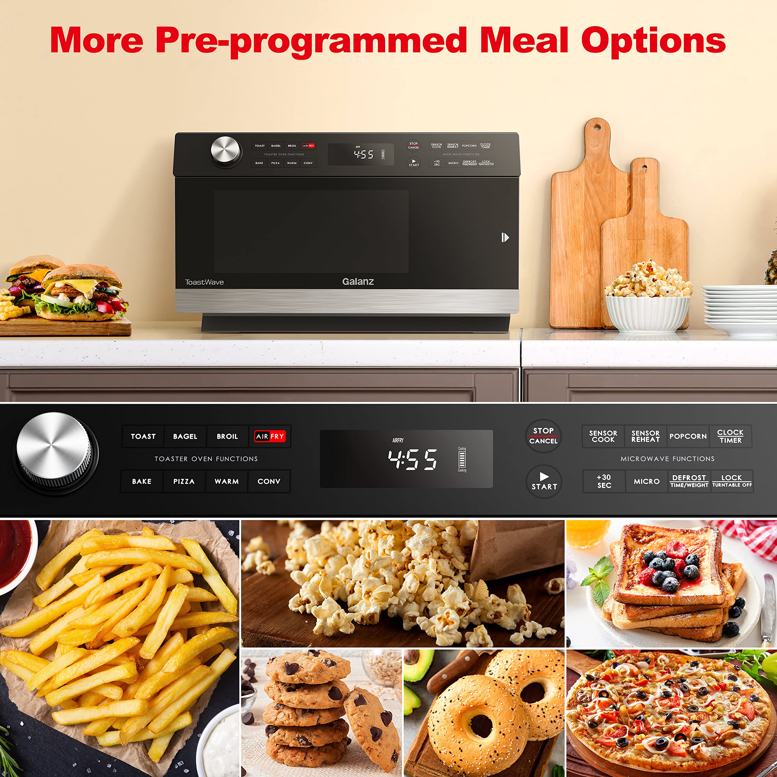 Galanz Gtwhg12S1Sa10 4-In-1 Toastwave With Totalfry 360, Convection, Microwave, Toaster Oven, Air Fryer, 1000W,1.2 Cu.Ft, Lcd Di