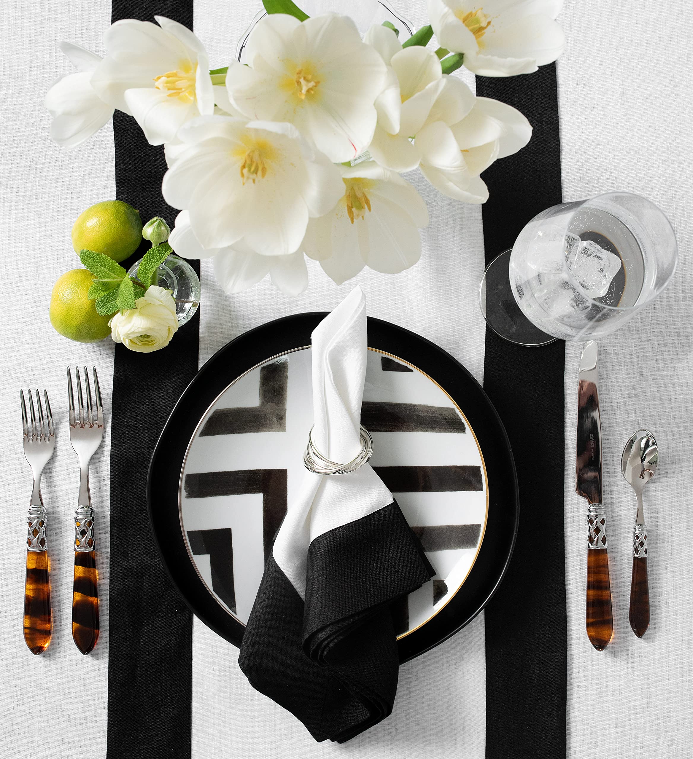 Solino Home Linen Table Runner 14 x 48 Inch - 100% Pure Linen Black and White Table Runner for Spring  Summer  Dining  Party - Contempo  Handcrafted from European Flax and Machine Washable