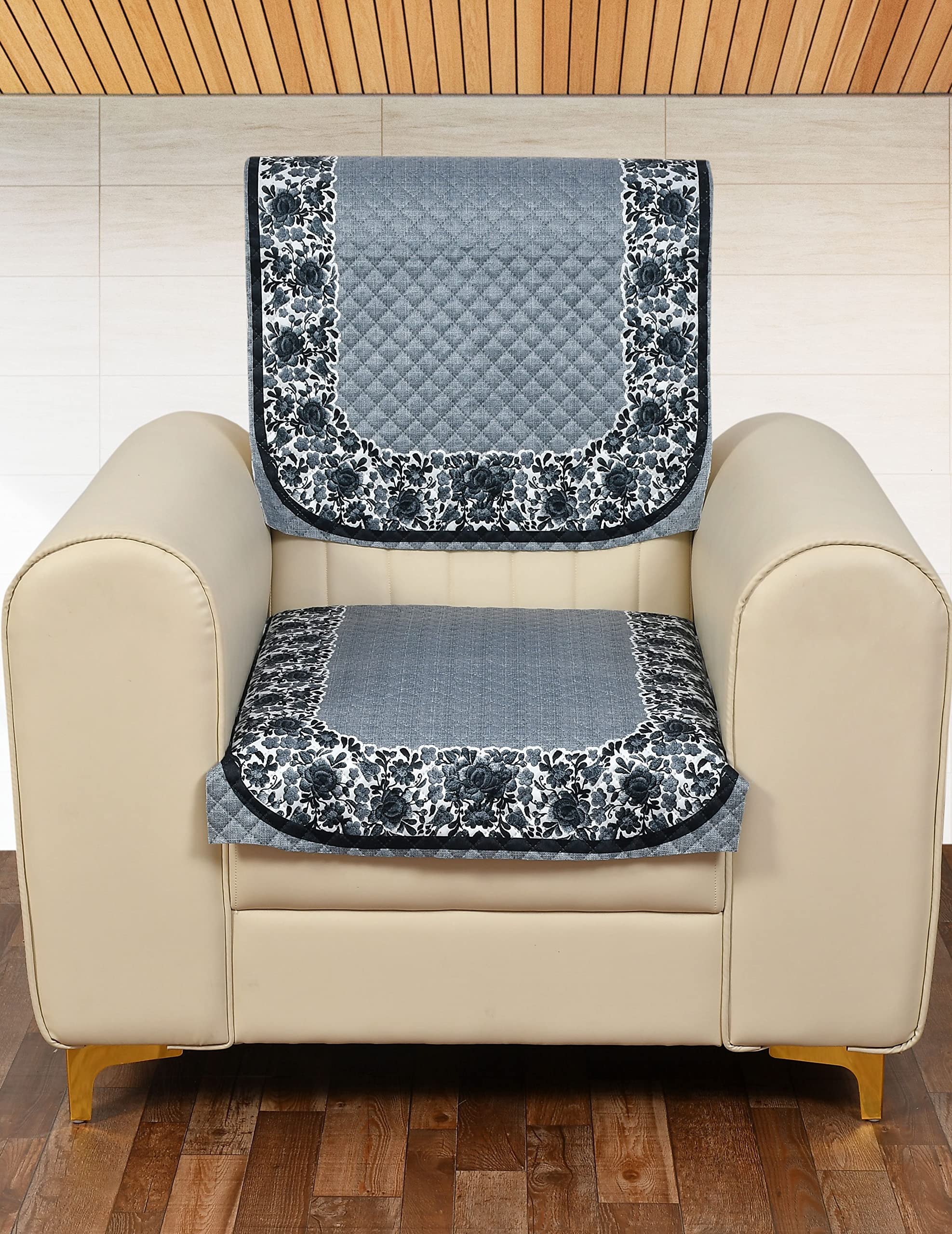Yellow Weaves 1 Seater Quilted Sofa Chair Cover, Floral Design, Seat & Back Cover, Color - Dark Grey, Velvet
