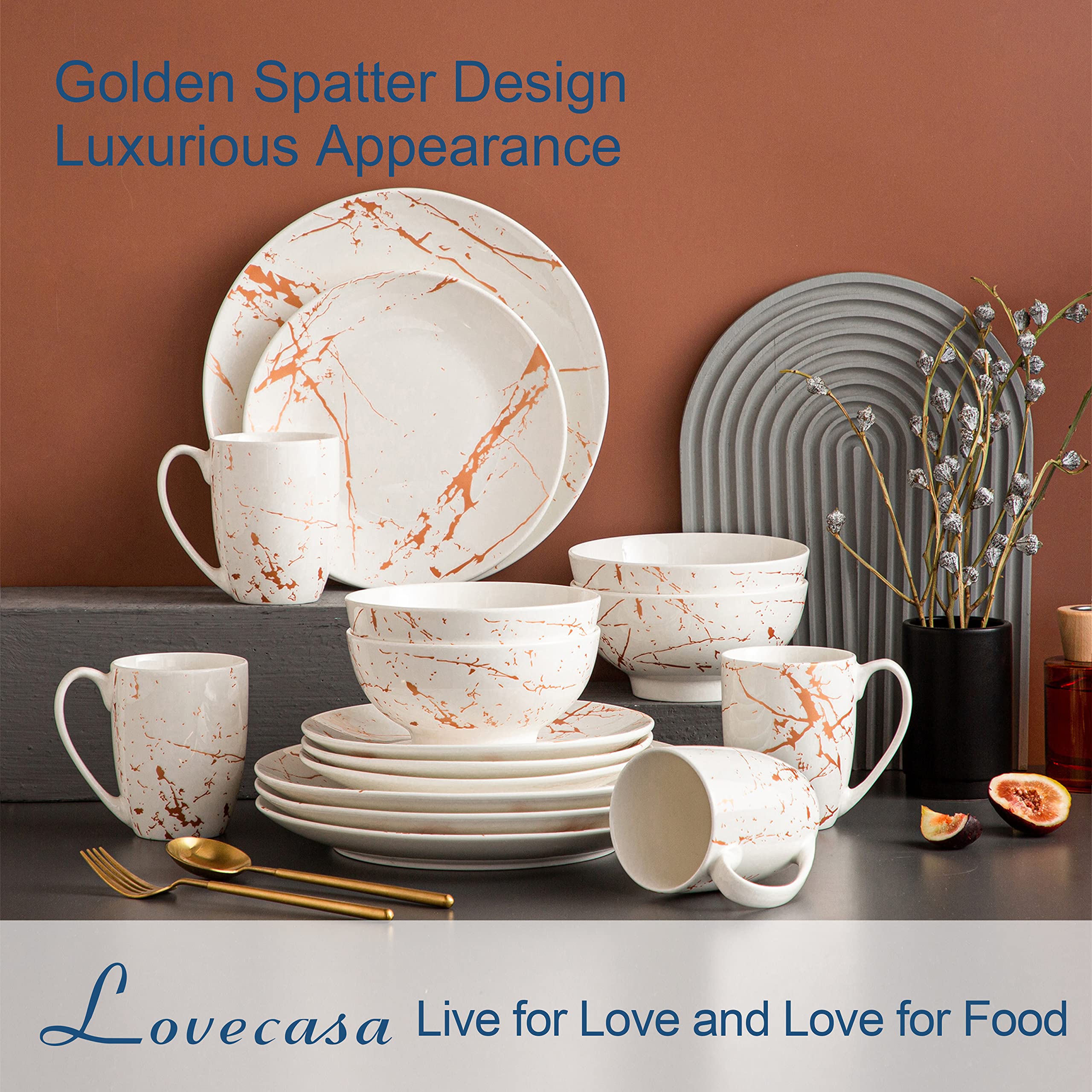 LOVECASA White Dinnerware Sets for 4, 16 Piece Porcelain Dish Set Plates and Bowls Sets, Gold Splash Glaze Ceramic Dinner Set wi