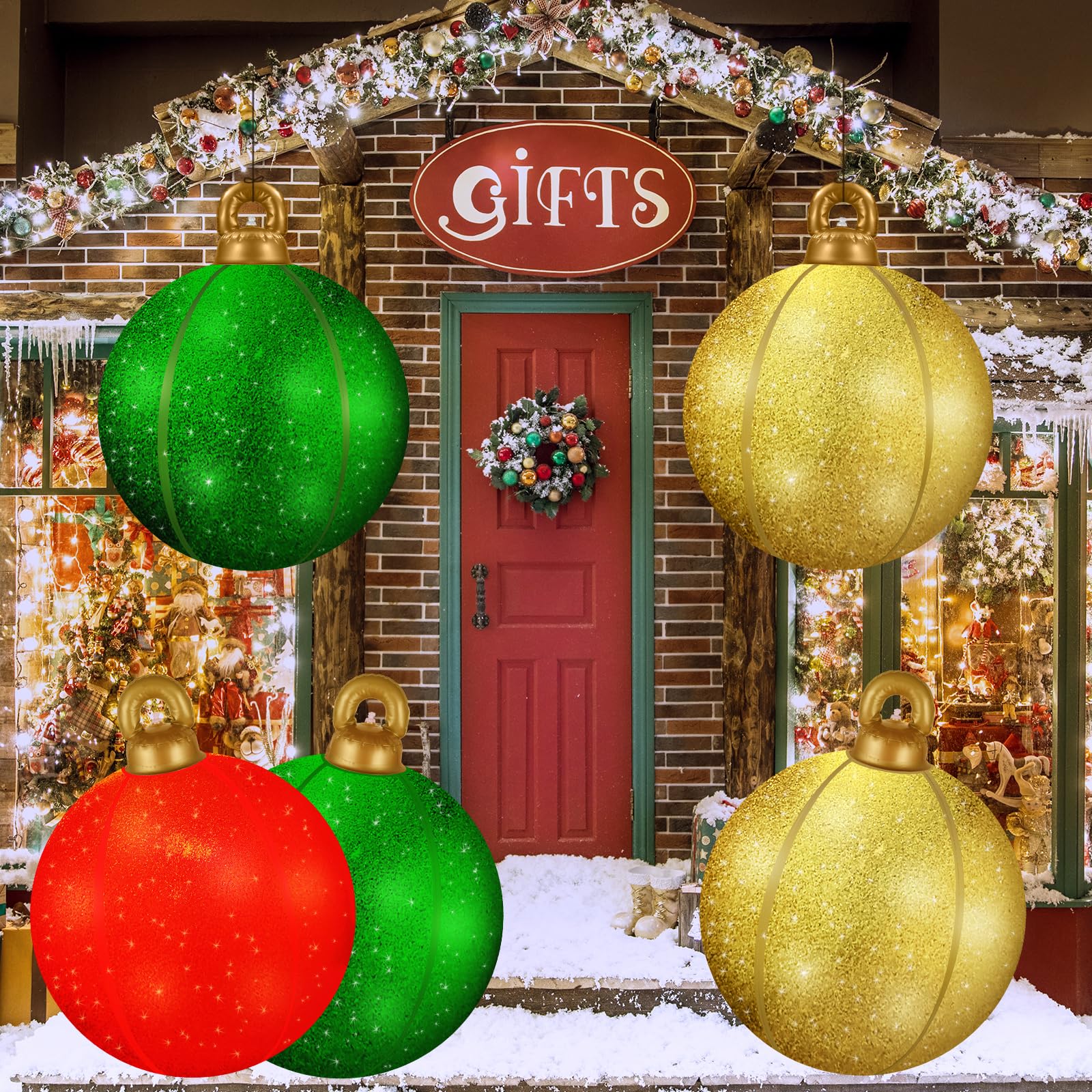 24 Inch Inflatable Christmas Ornament Balls, 3 Pack Large Glitter Blow Up Decorations - Sparkling Reusable Outdoor & Indoor Holi