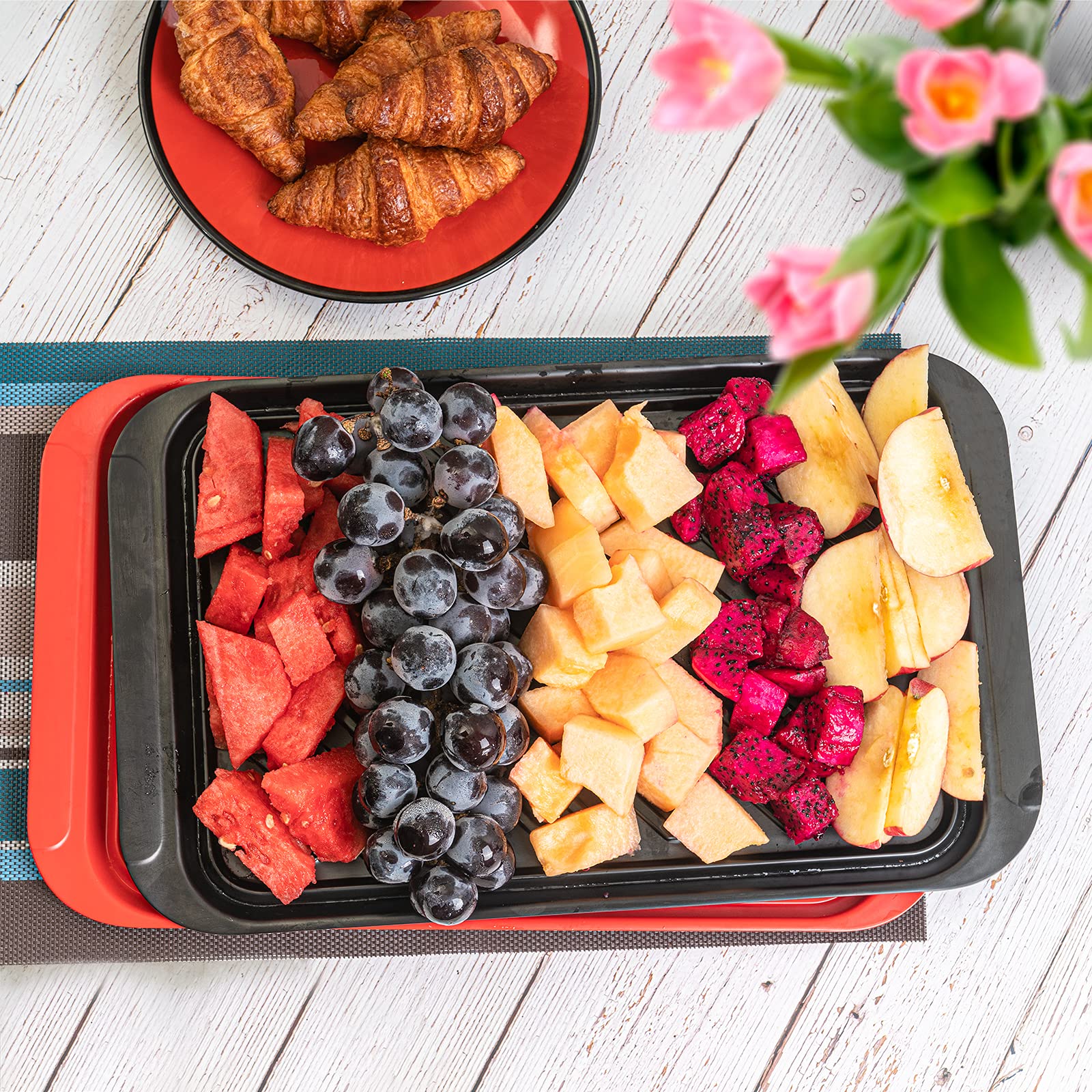 Tp Serving Trays With Handles, Melamine Grill Prep And Serving Platters For Outdoor, Parties And Bbq, Set Of 2, Black And Red