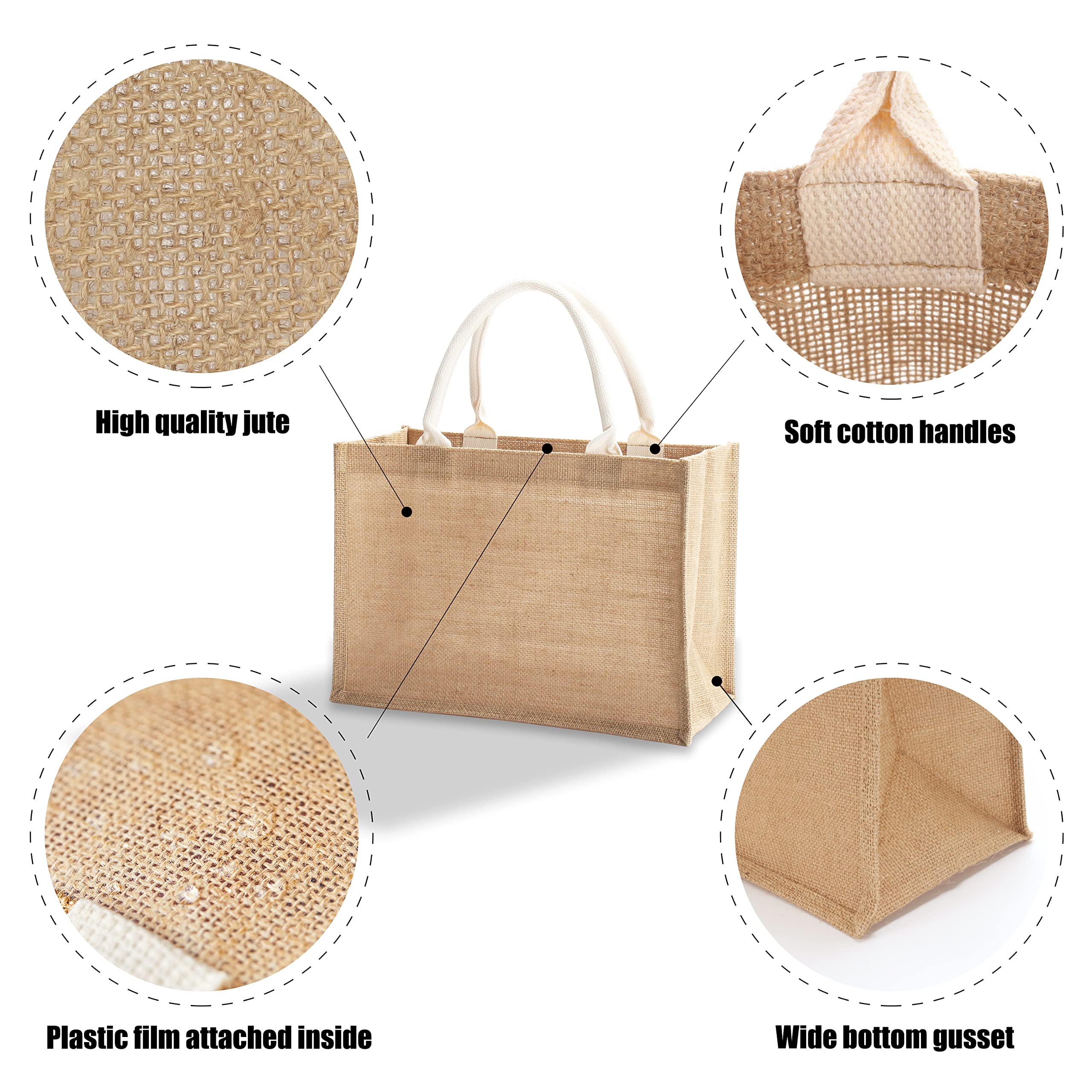 Yaceyace Jute Beach Bags, 14.5'' X 6.7'' X 10.2'' Pack Of 6 Burlap Tote Bags With Handles Resuabale Grocery Bags Bridesmaid Bags