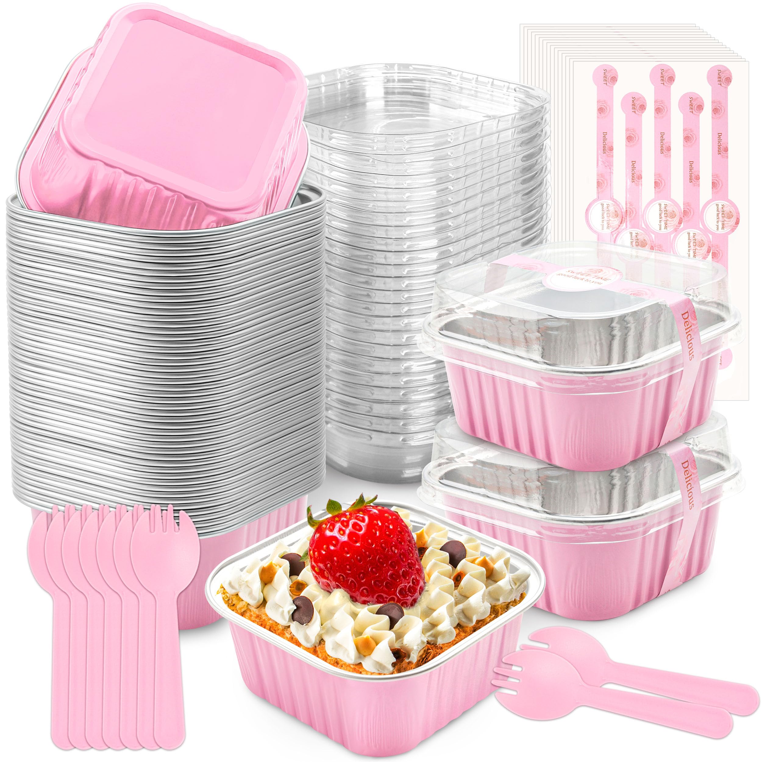 NPLUX 50 Pcs Mini Cake Pans with Lids and Spoons Aluminum Foil Mini Square Baking Cups with Lids Disposable Ramekins Cake Pans D