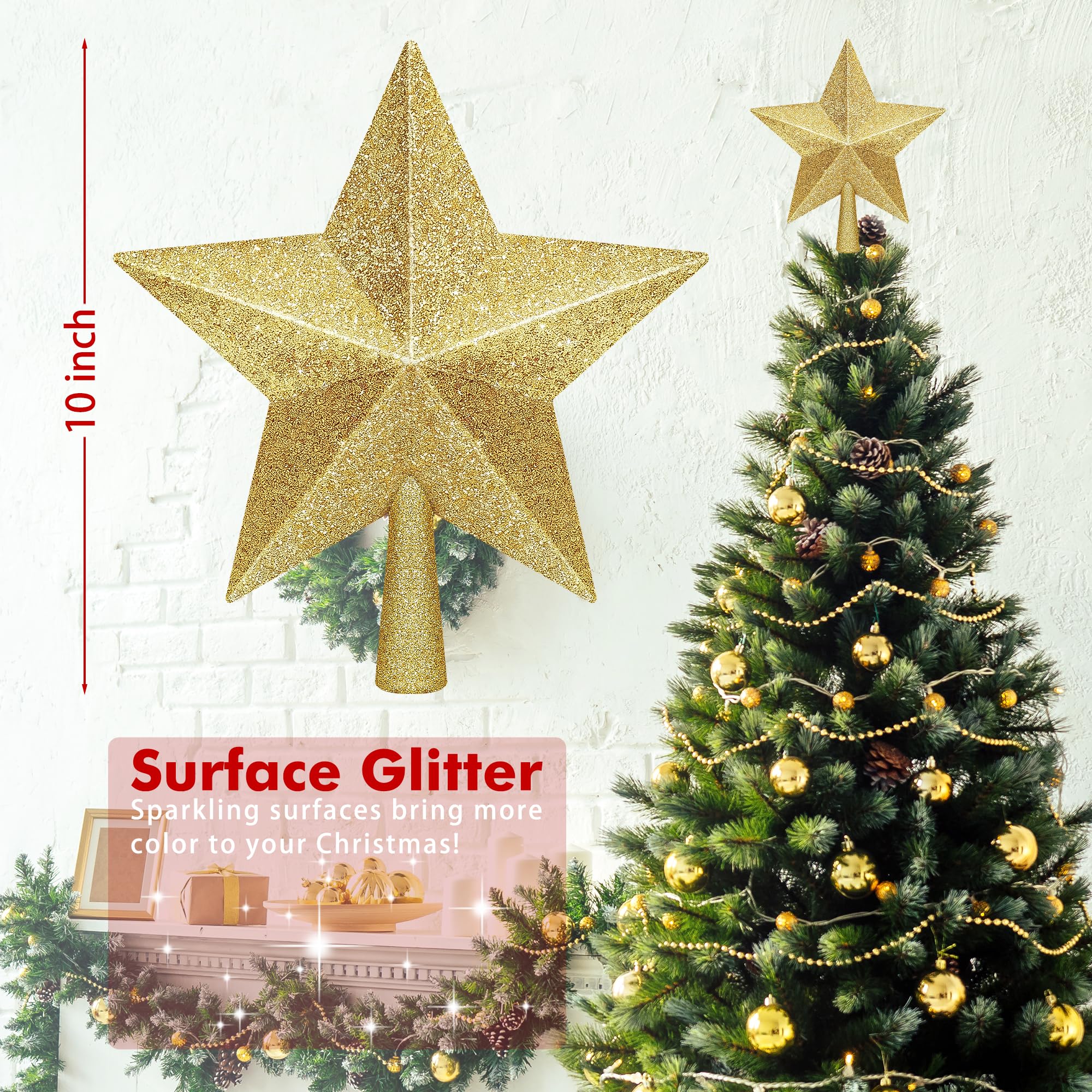 Christmas Tree Topper, 1PCS 10 Gold Glitter Star Tree Topper, Large Xmas Shatterproof Mini Bethlehem Star Tree Topper Decoration