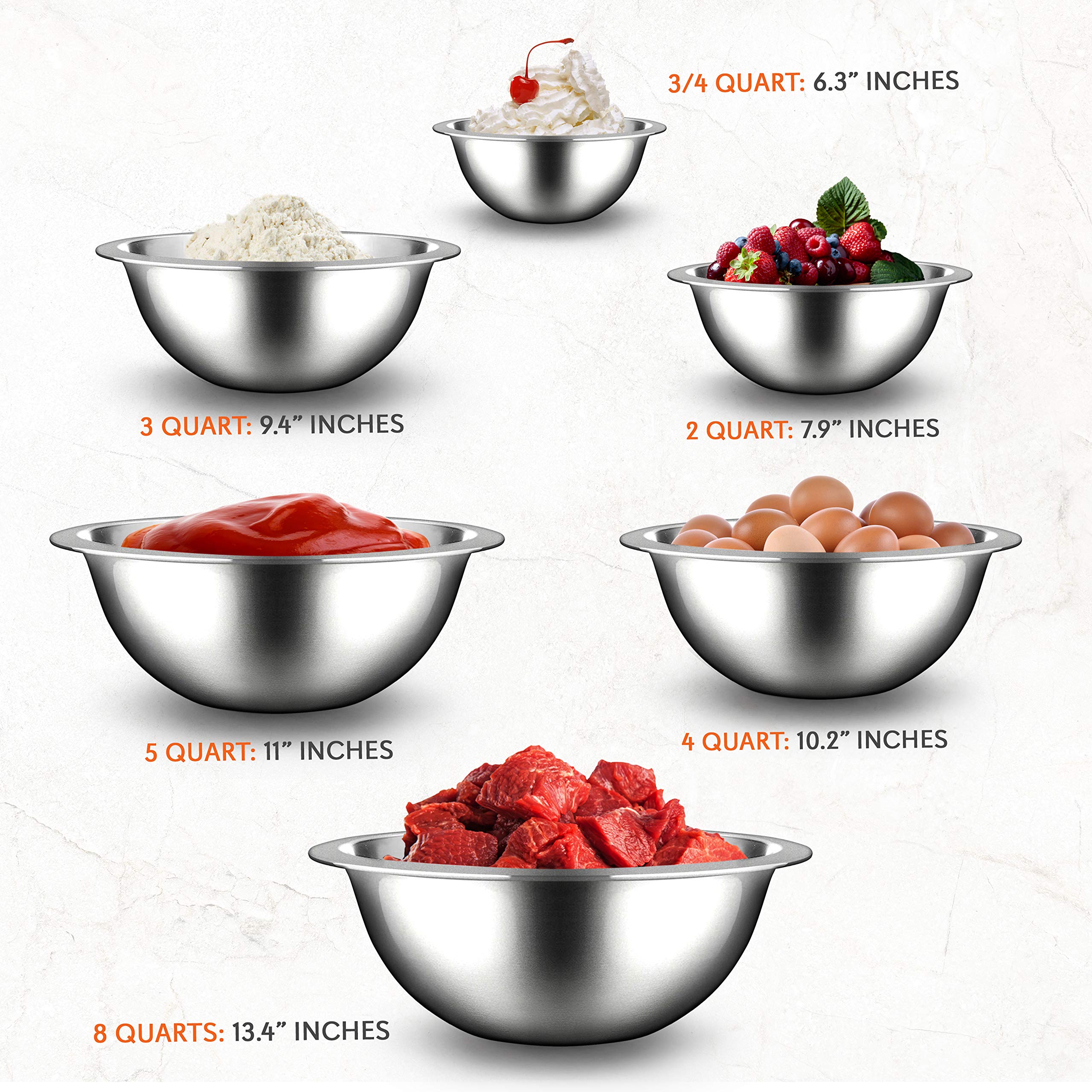 Nutrichef 6-Piece Stainless Steel Mixing Bowls - Premium Stackable Nesting Bowls - Kitchen Essentials For Food Prep, Marinating,