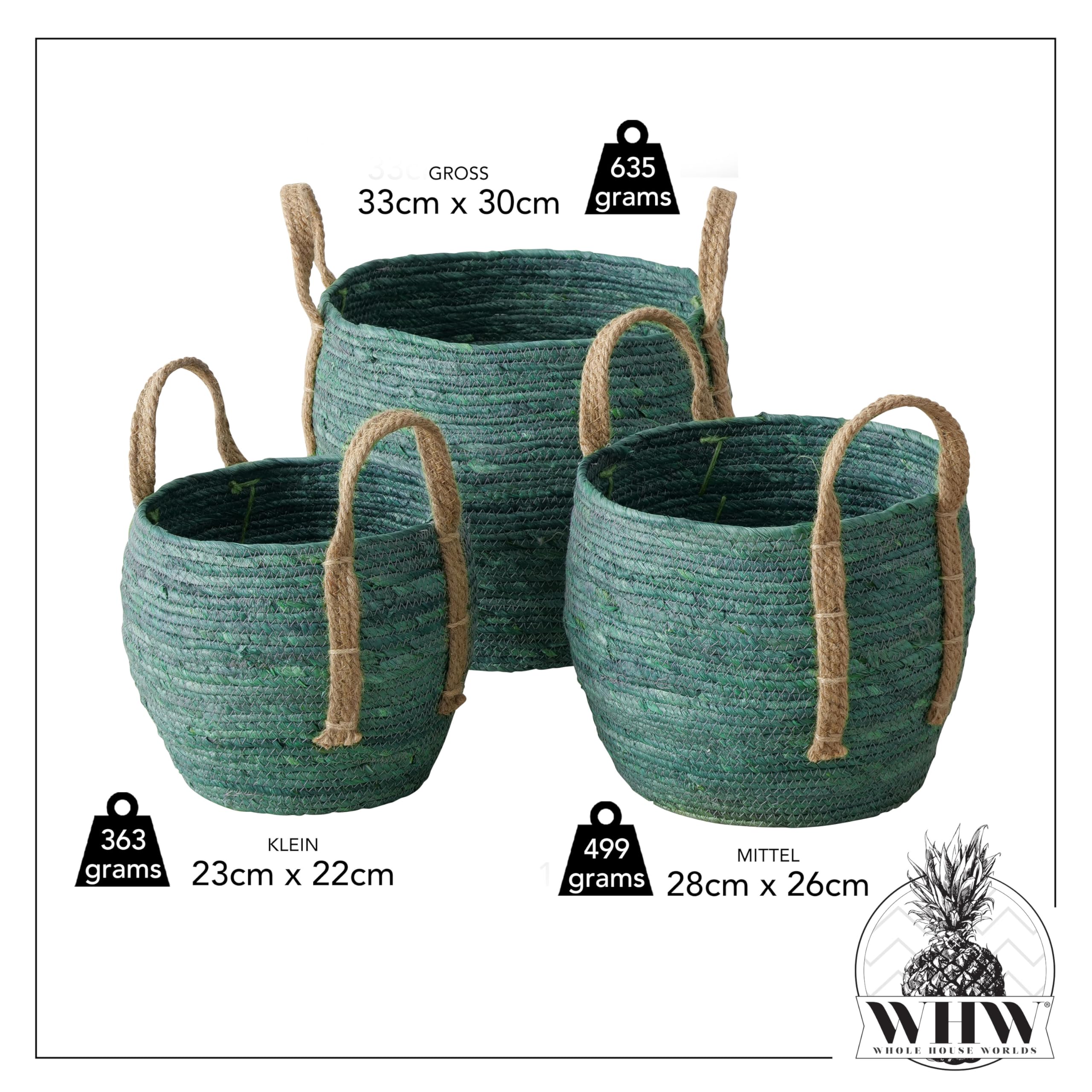 Farmers 3 Piece Basket Set, Green Dye Soaked Floor And Shelf Organizers, Corn Husk Wicker, Durable Chunky Rope Weave, Handles, S