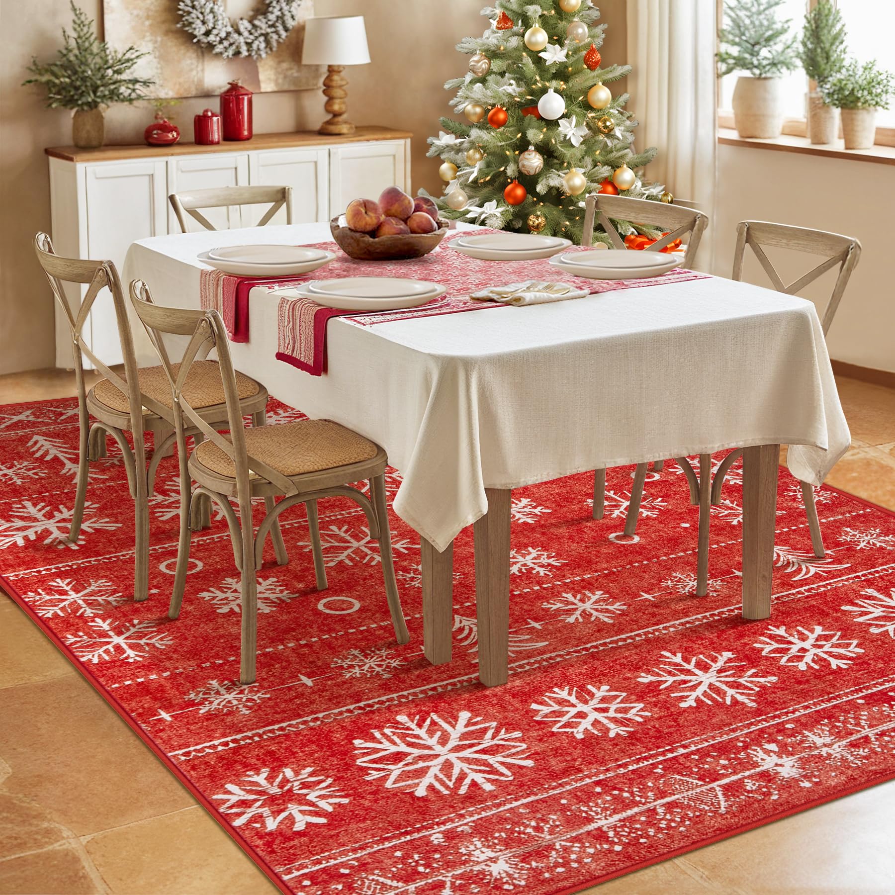 Christmas Area Rug 4x6 Rugs: Washable Living Room Rug Xmas Holiday Decor Rugs Snowflake Low Pile Boho Rug Indoor Floor Carpet fo