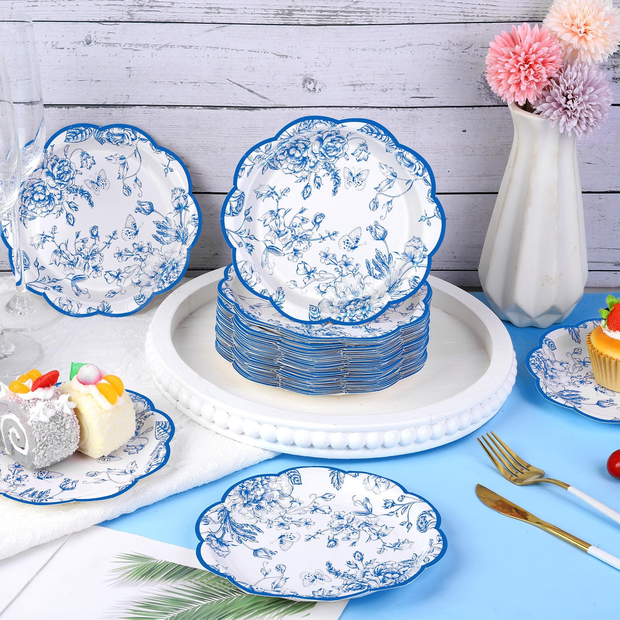 Kochorie 150 Pieces Blue Flower Paper Plates 7 Inches Disposable Floral Paper Plates Scalloped Blue Chinoiserie Vintage Flower D