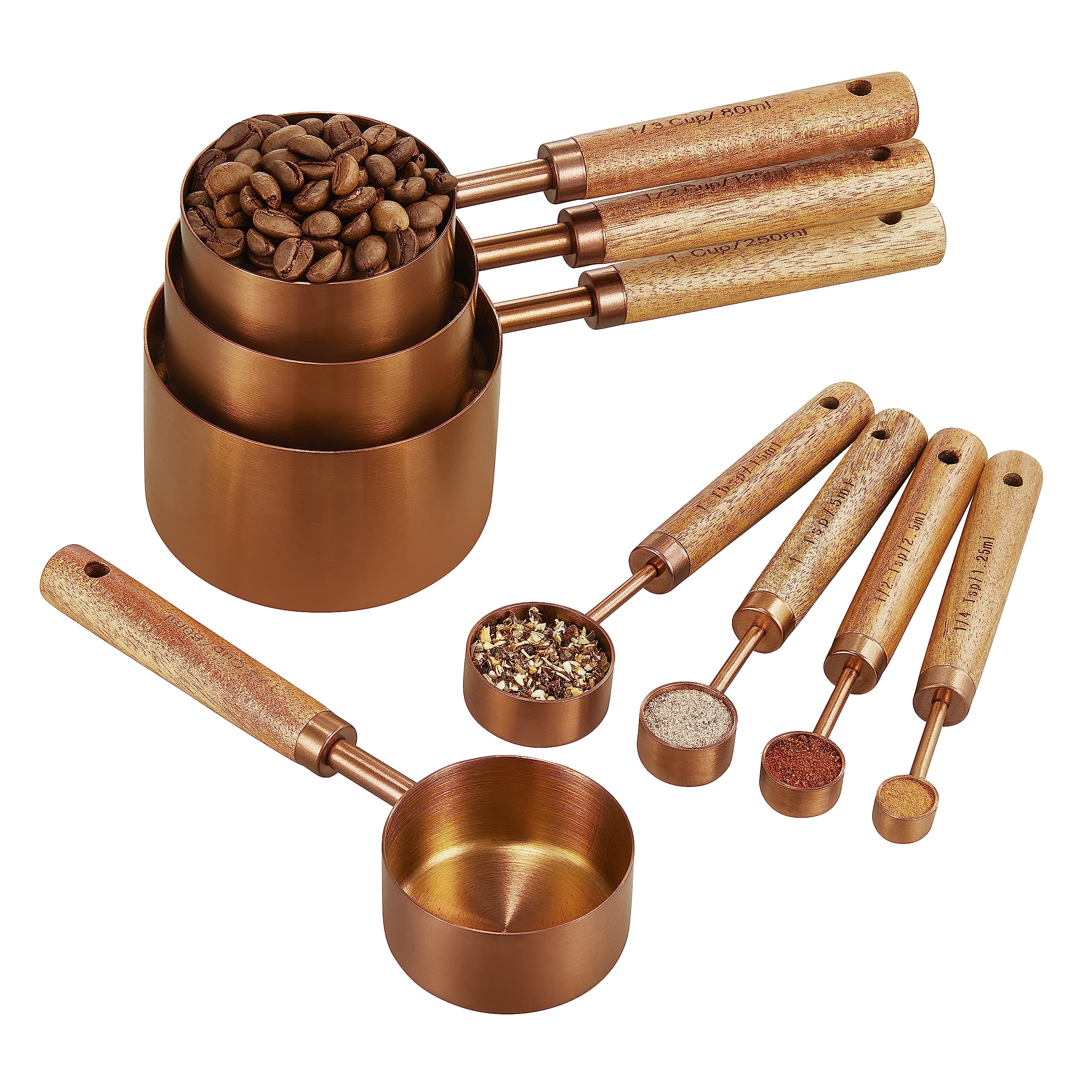 Copper Stainless Steel Measuring Cups And Spoons Set Of 8, Wooden Handle With Us Measurements, Metric Cups And Spoons For Cookin