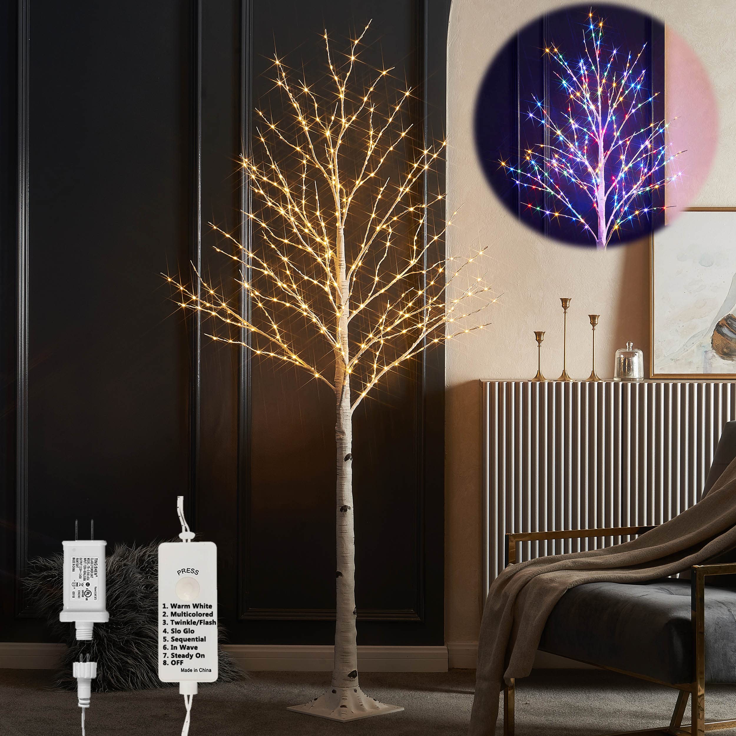 LITBLOOM Lighted Birch Tree Plug in with 8 Functions 6FT 330 Multi Color and Warm White Fairy Lights, White Christmas Tree with 