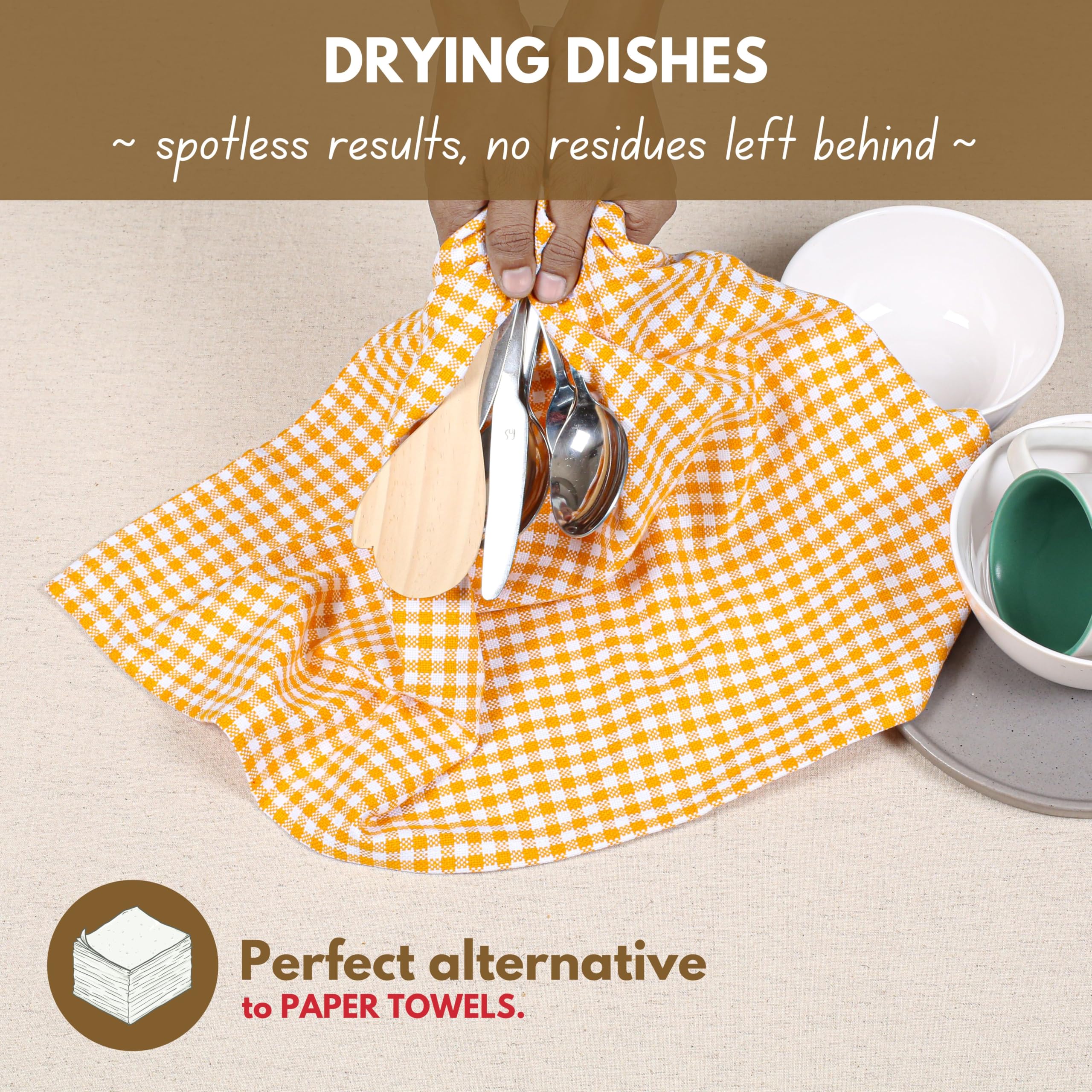 Native Fab 4 Pack Yellow Gingham Cotton Dish Towels 16''X26'' - Absorbent Kitchen Linen Towels With Hanging Loop, Dishcloths Set