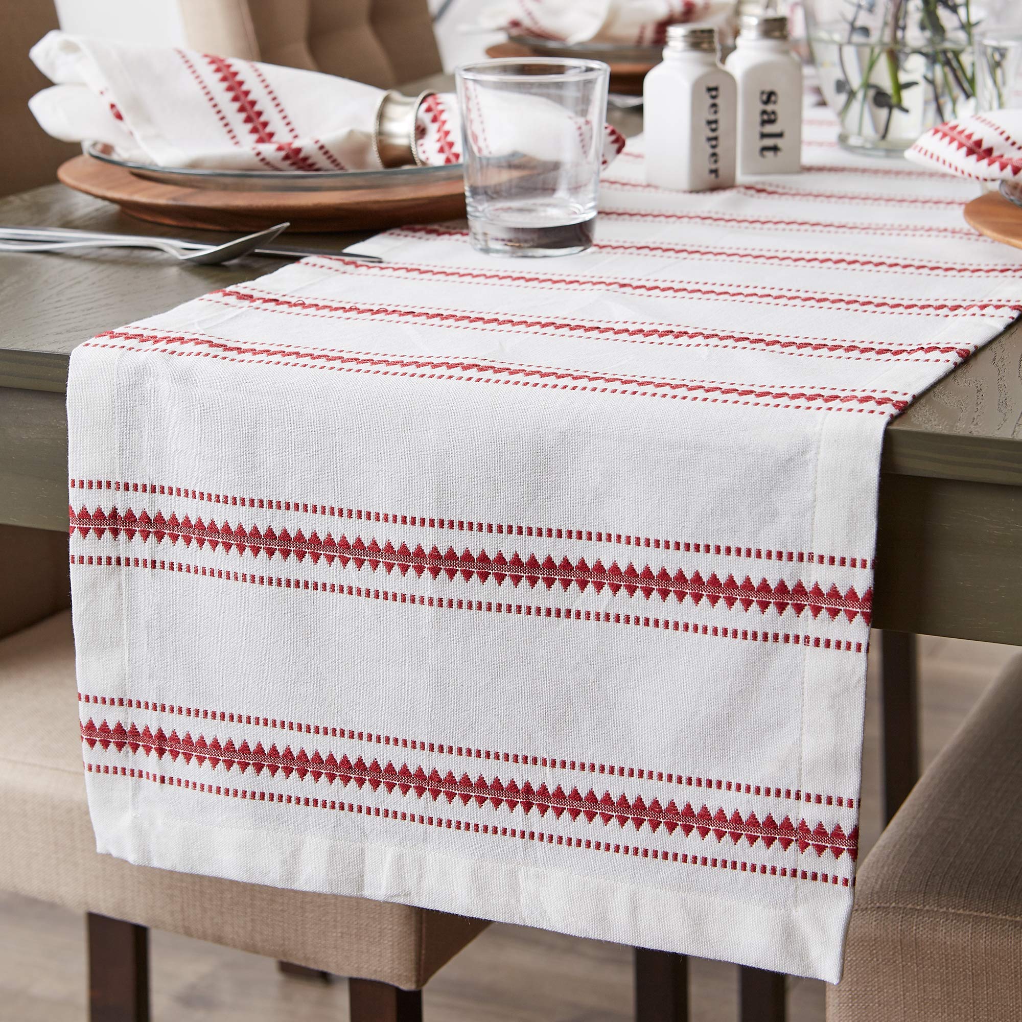 Dii Zig Dobby Tabletop Collection, White Cotton Background With Embellished Stripe, Table Runner, 14X72, Barn Red