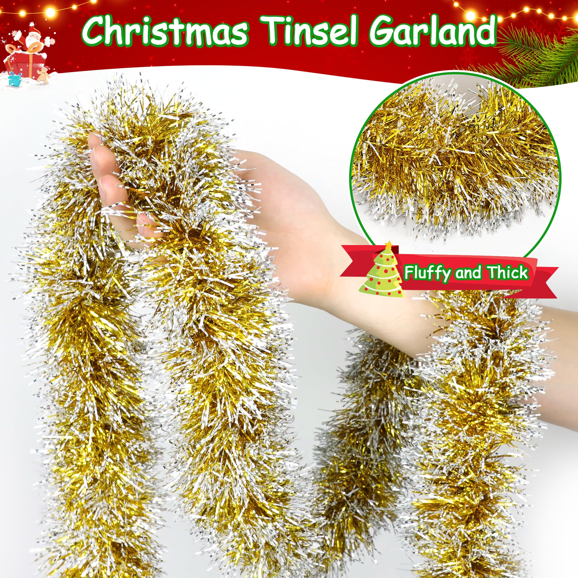 50FT Christmas Tinsel Garland Gold Metallic Twist Xmas Frosted Tip Hanging Garland for Christmas Tree Decoration Indoor Outdoor