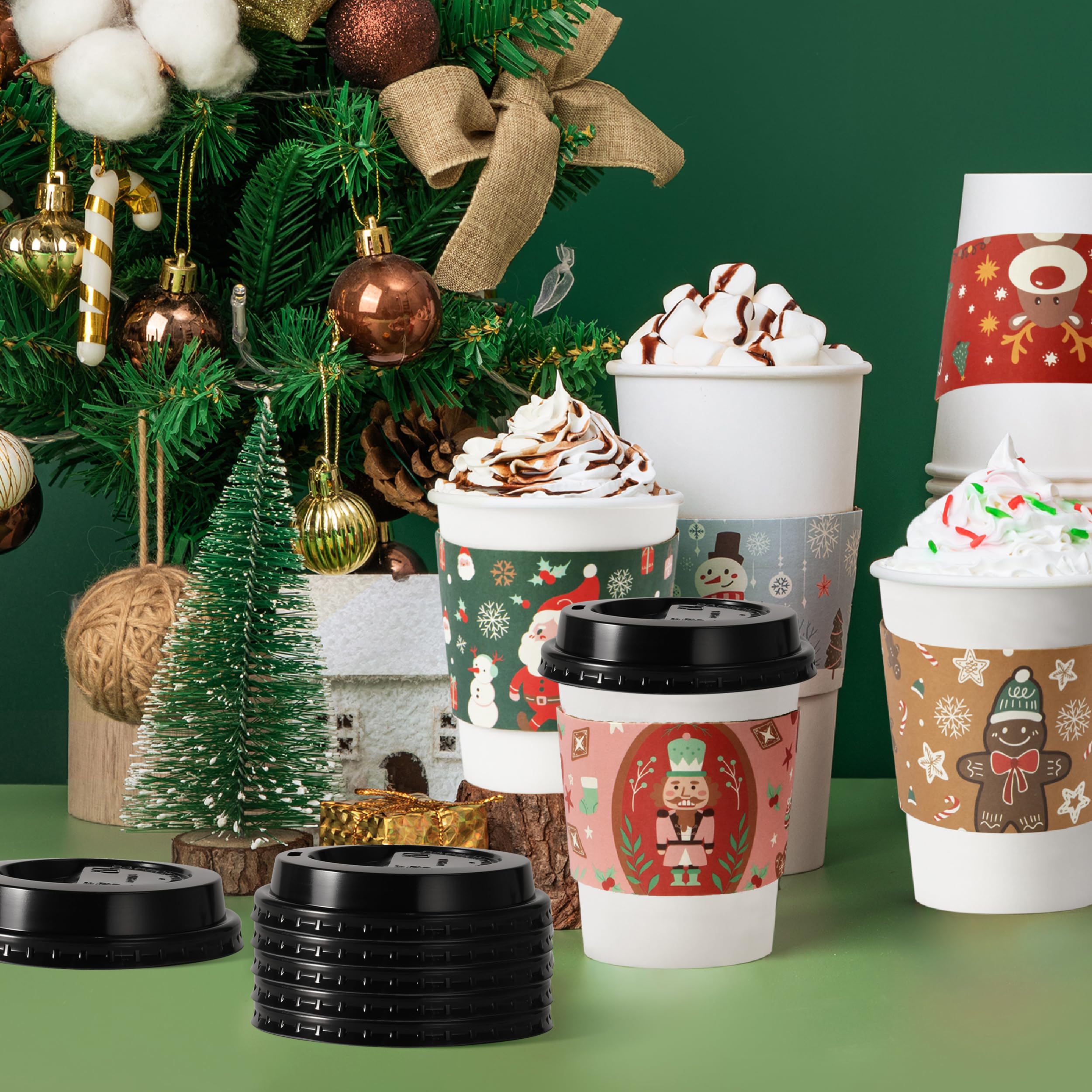 Fit Meal Prep 12 oz Christmas Disposable Coffee Cups with Lids, Leak-Proof Holiday Paper Cups for Hot Beverages, 50 Pack