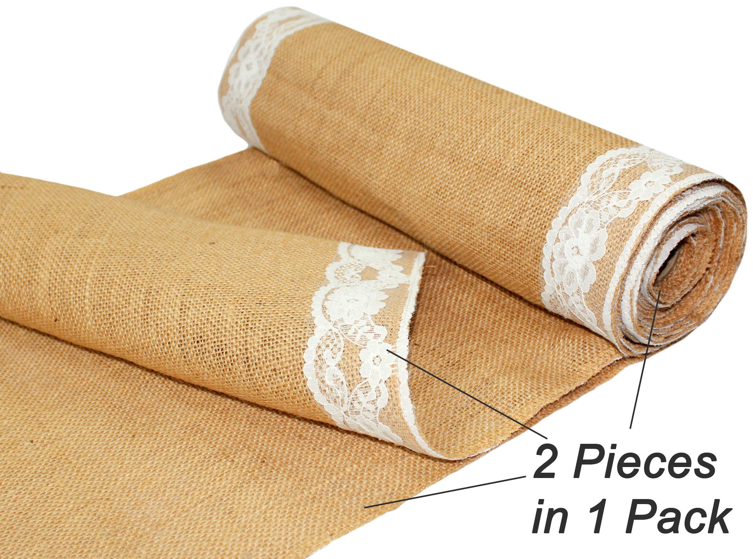 Cotton Craft Jute Table Runner - 2 Pack Natural Burlap White Lace Trim Xl Tablerunners - Harvest Autumn Fall Thanksgiving Holida