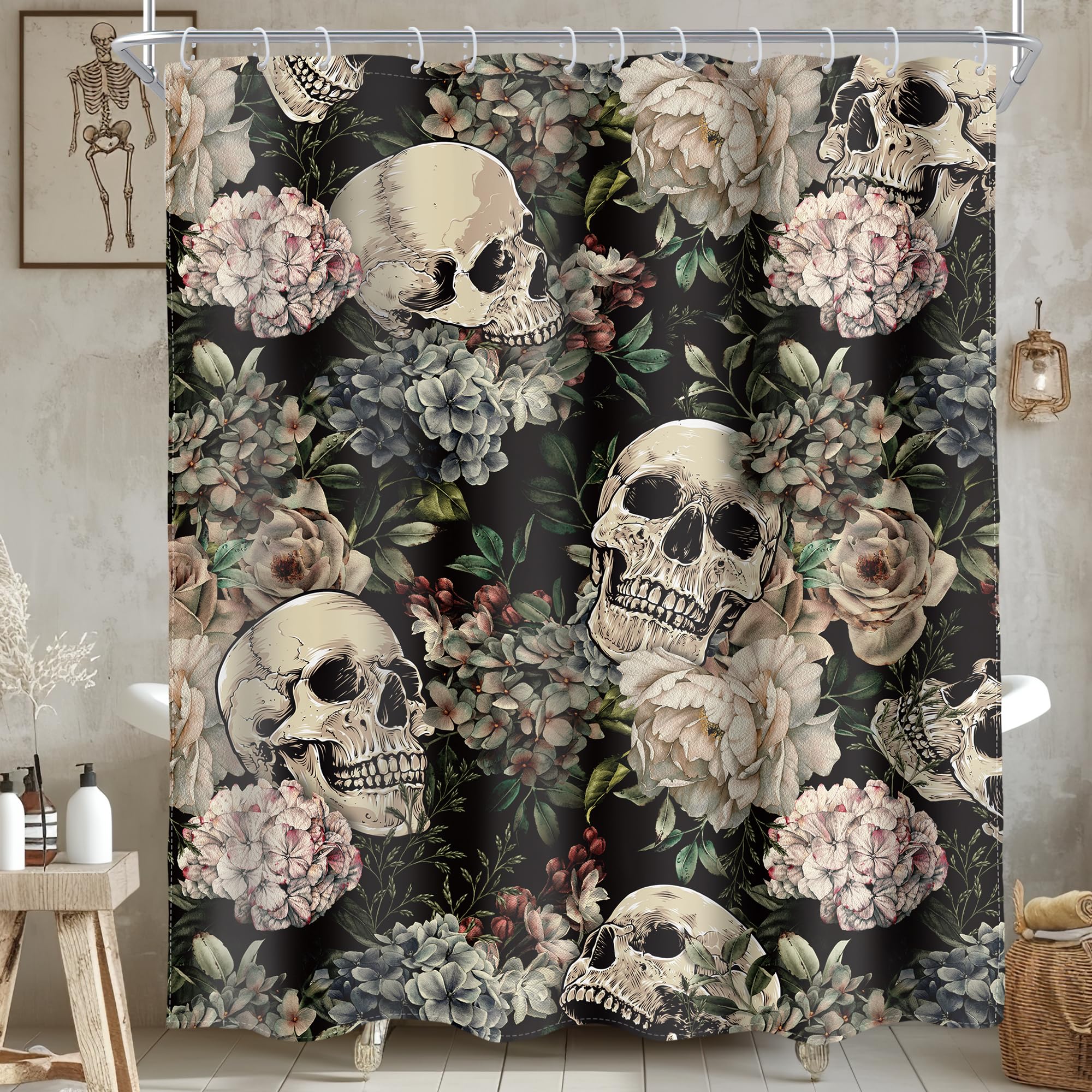 Ambzek Sugar Skull Shower Curtain 60Wx72L Inch Retro Floral Leaves Gothic Halloween Spooky Skeleton Plant Goth Vintage Artwork C