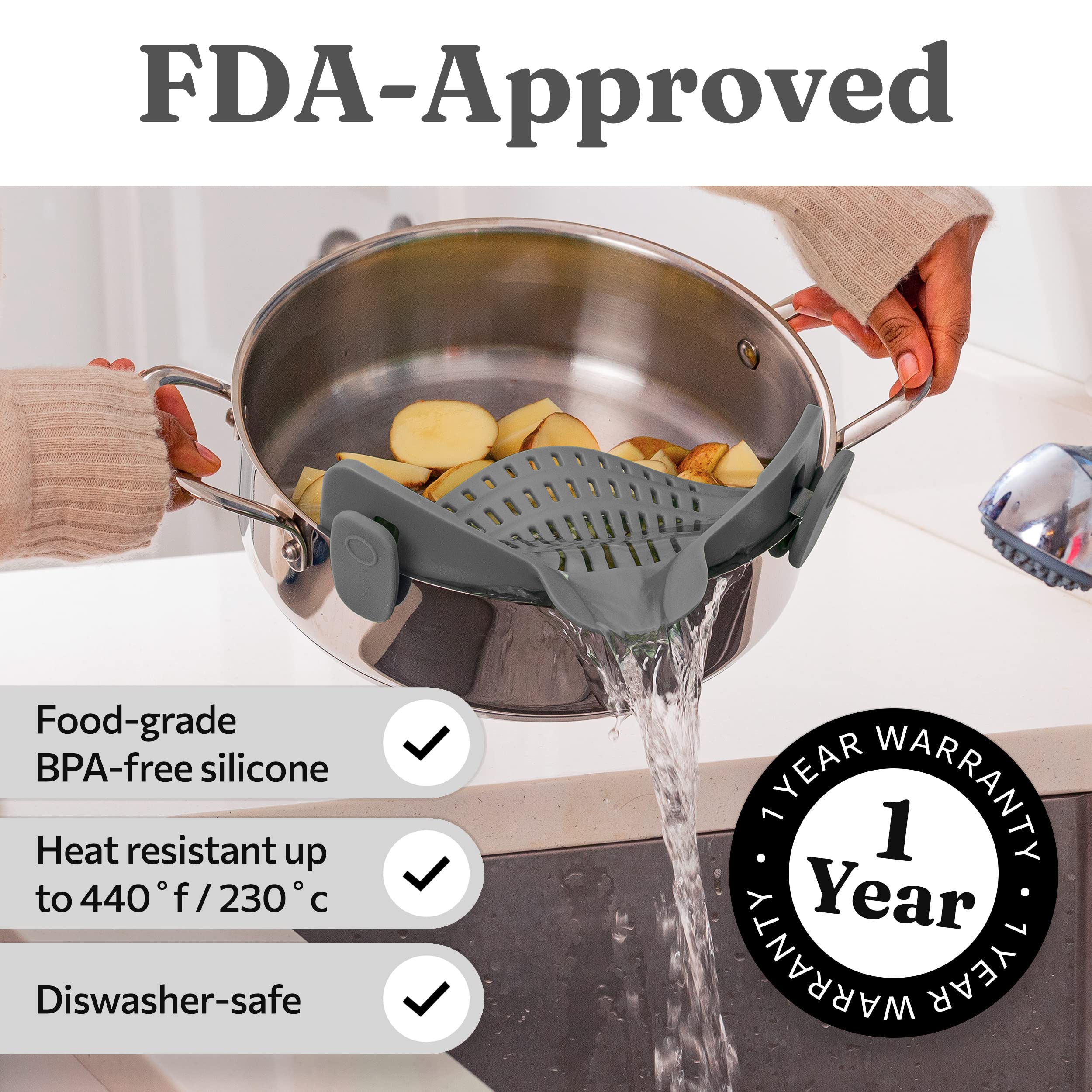 Kitchen Gizmo Snap N' Strain - Silicone Clip-On Colander, Heat Resistant Drainer For Vegetables And Pasta Noodles, Kitchen Gadge