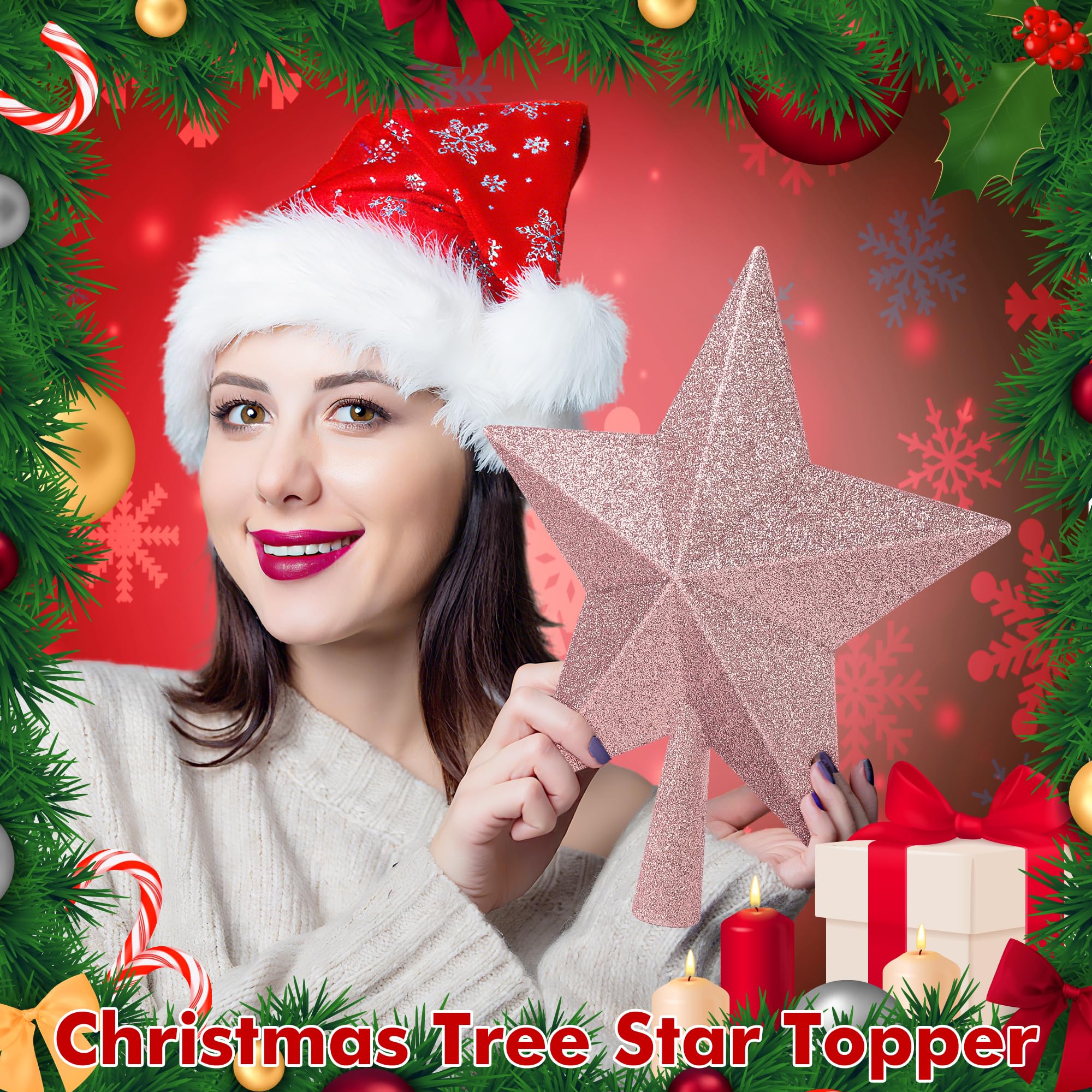 Christmas Tree Top Ornament, 10 Rose Gold Christmas Star Tree Topper, Large Xmas Glitter 3D Bethlehem Tree Topper Ornament, Wate
