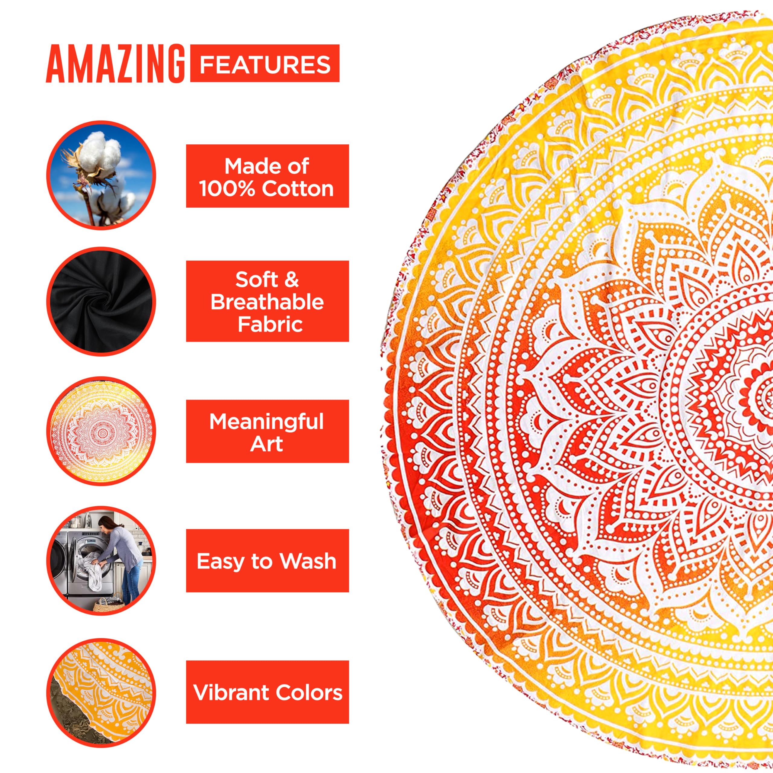 Raajsee Orange Round Beach Tapestry Hippie/Boho Beach Blanket Mandala Roundie/Indian Cotton Throw - Round Tablecloth/Home Decor/