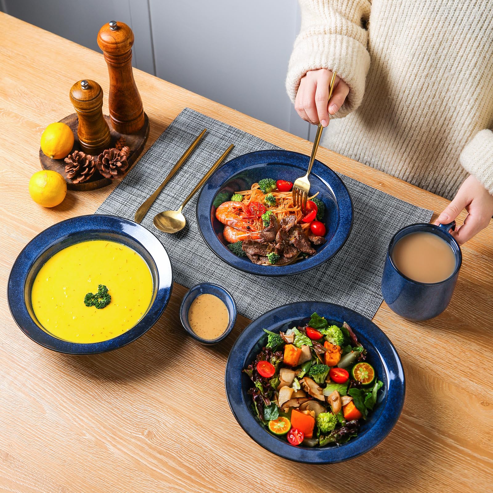 Vicrays Wide Rim Soup Bowls - 27Oz Ceramic Pasta Plates Bowl Set Of 4 For Gumbo Salad Spaghetti Dipping Bread Dishes Home Restau