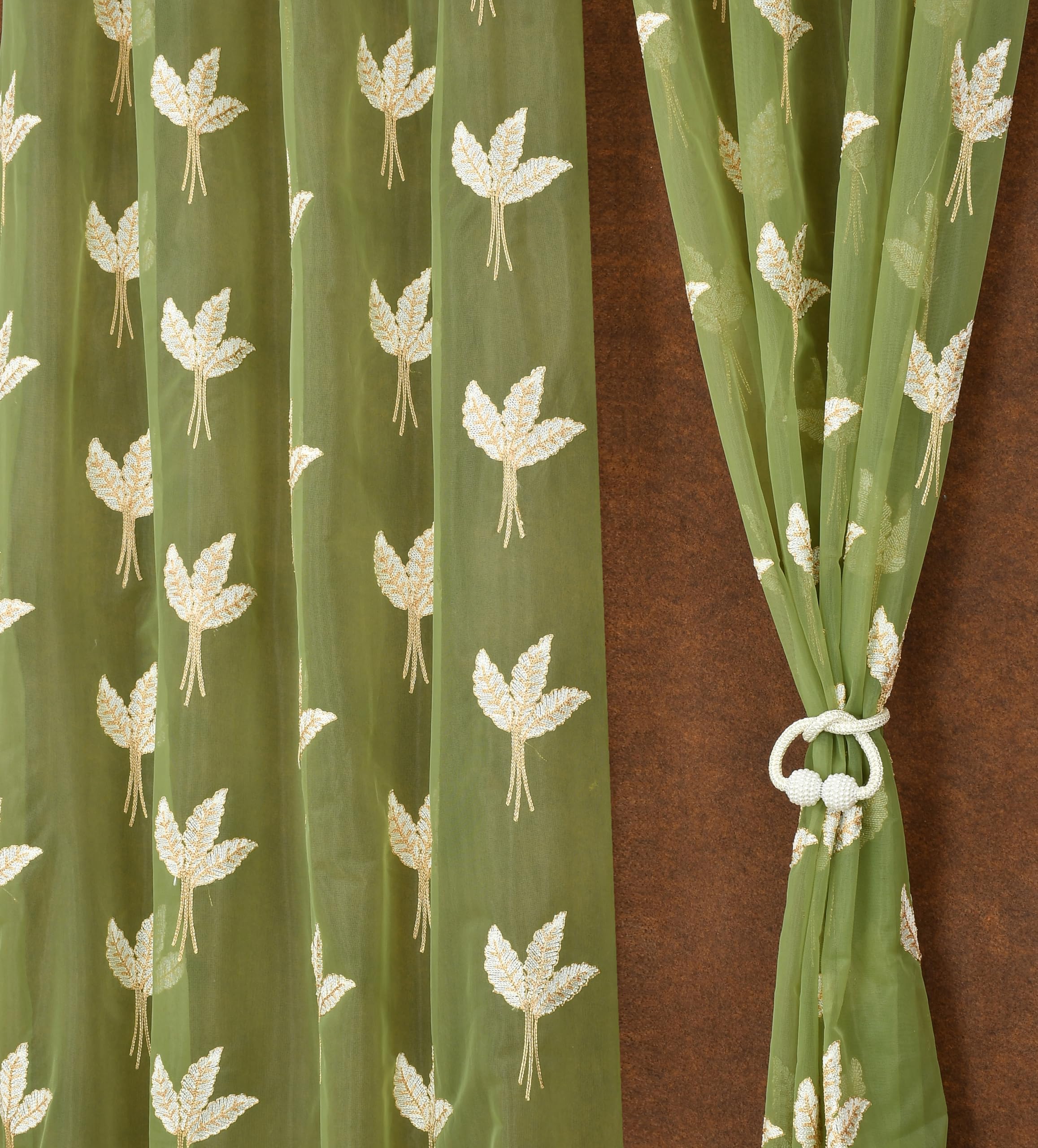Fabrilia Tissue Net Embroidery Sheer Transparent Curtains For Door 7 Feet Long Set Of 2, Green
