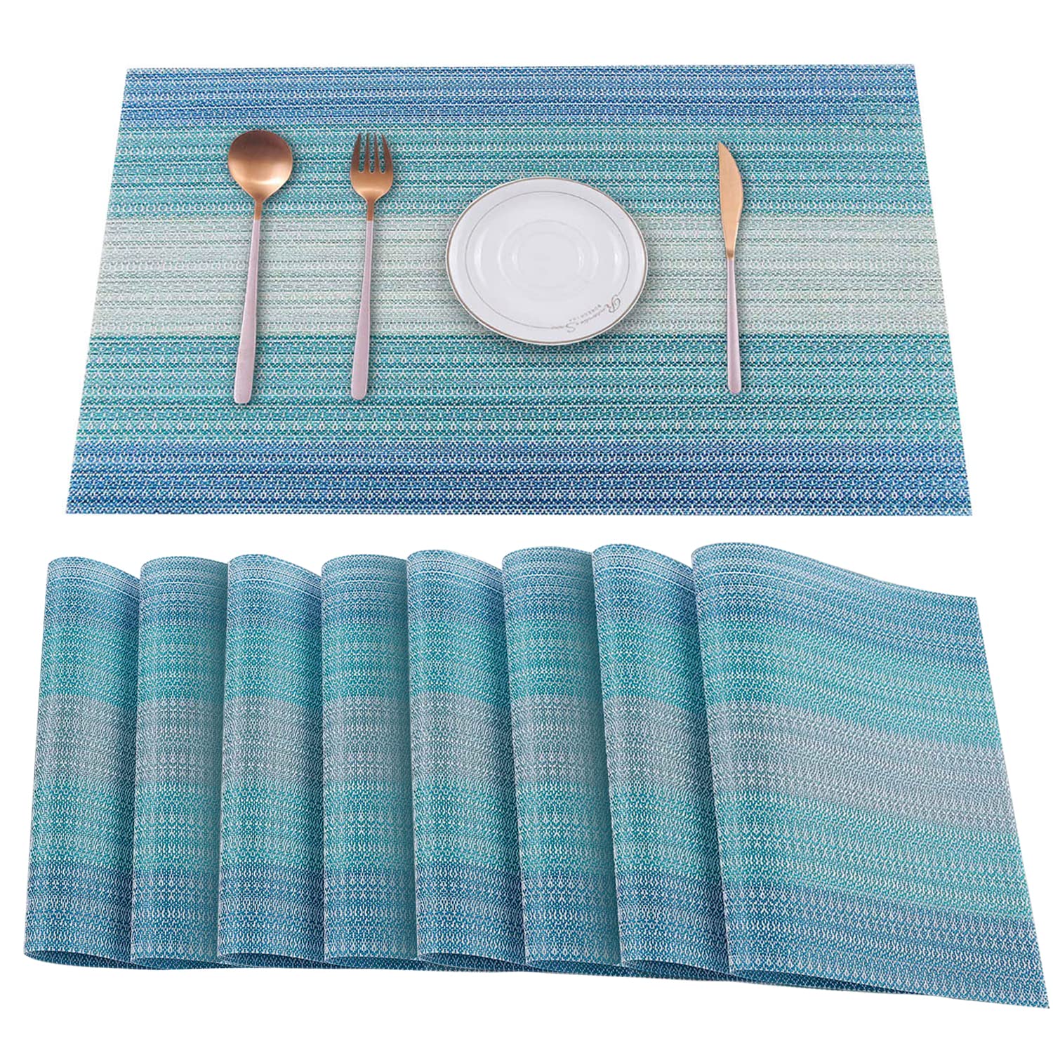 Heloho Blue Placemats Set Of 8,Vinyl Table Place Mats Stain Resistant Foldable Placemats Washable Wipeable Placemat For Kitchen