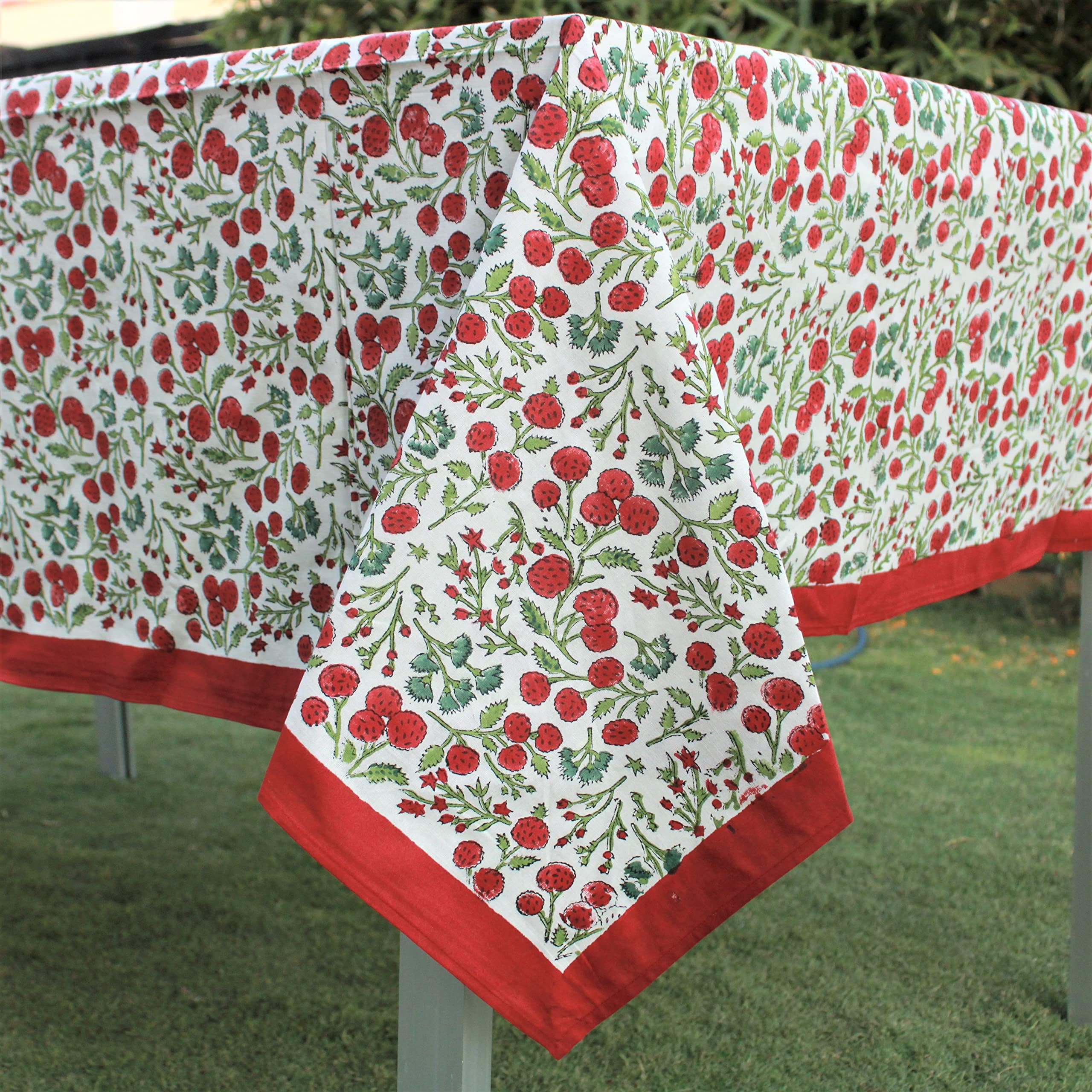 Ridhi Garnet Red Hand Block Print Cotton Rectangle Tablecloth 160 x 72 inch-Reusable Table Cover Decorative Everyday Use for Din