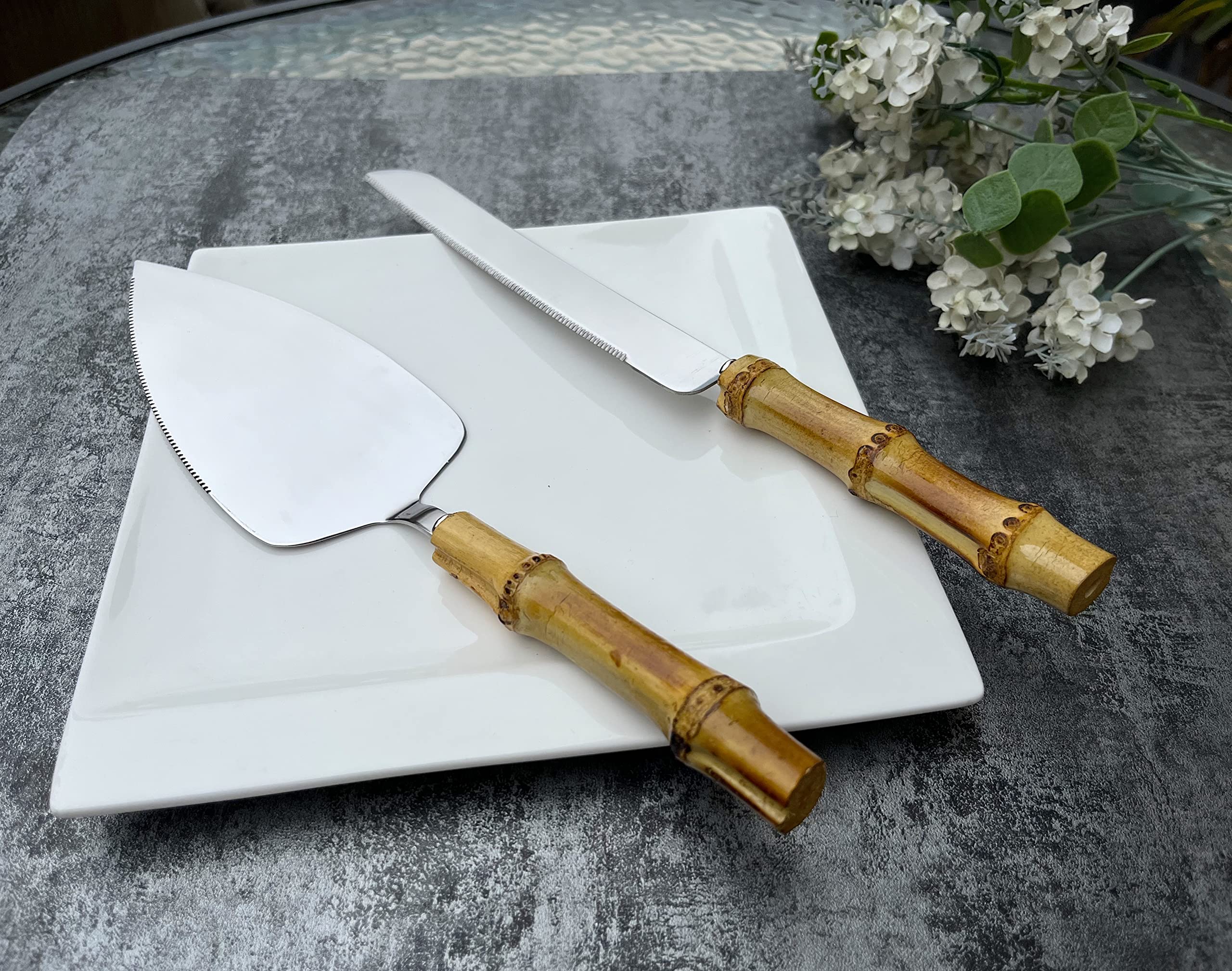 Nature Real Bamboo Handle Flatware 5-Piece Set, Stainless Steel 18/10 Food Safety Grade Silverware Cutlery Set Eating Utensils M