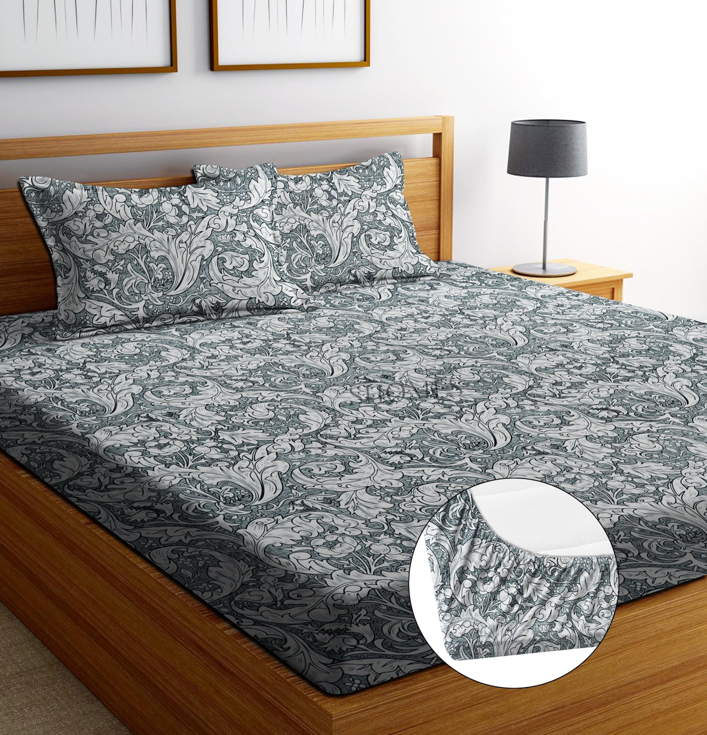 Shomes Cotton Glace Cotton Elastic Fitted Floral Bedsheet With 2 King Size Pillow Covers | Double Bed With All Around Elastic, F