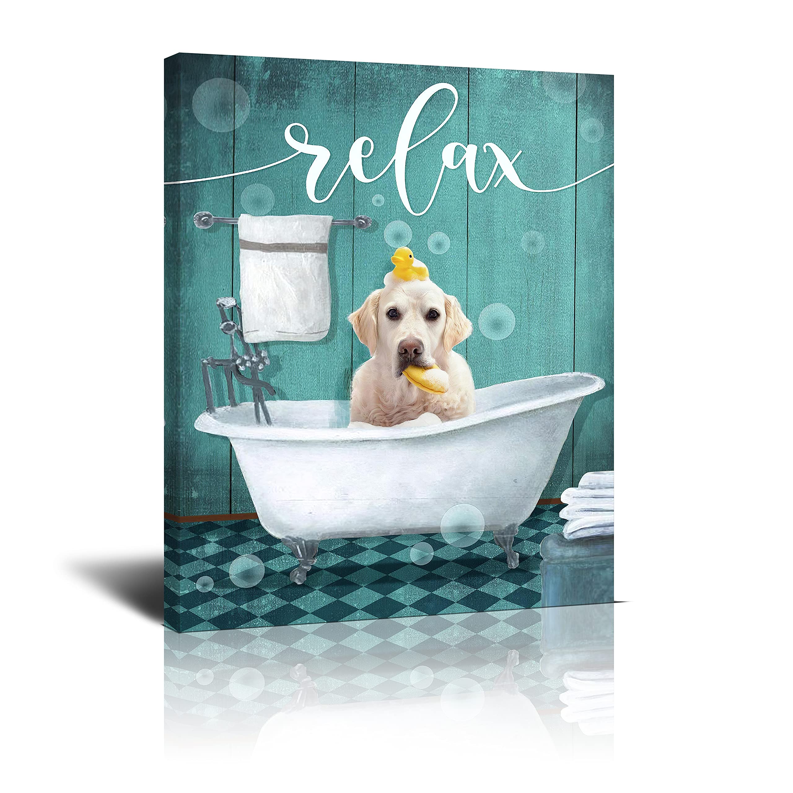 Kuphsod Dog In Bathtub Wall Art Canvas Bathroom Decor Funny Dog Sitting In Bathtub Print Paintings Modern Bathtub Artwork Wall D