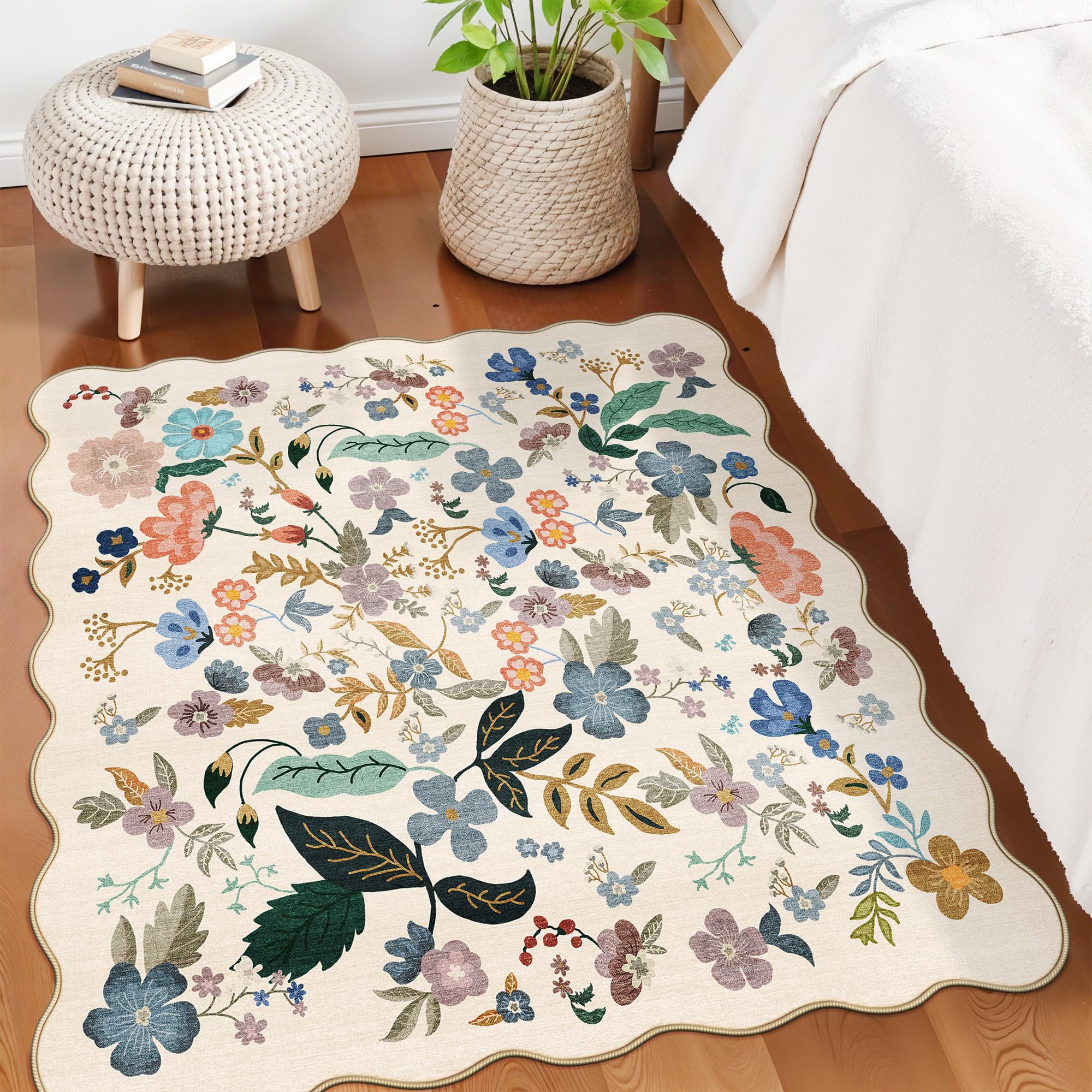 Washable 4x4 Square Area Rug: Floral Scalloped Soft Rugs for Living Room Bedroom Non Slip Bathroom Nursery Floor Mat Water Resis