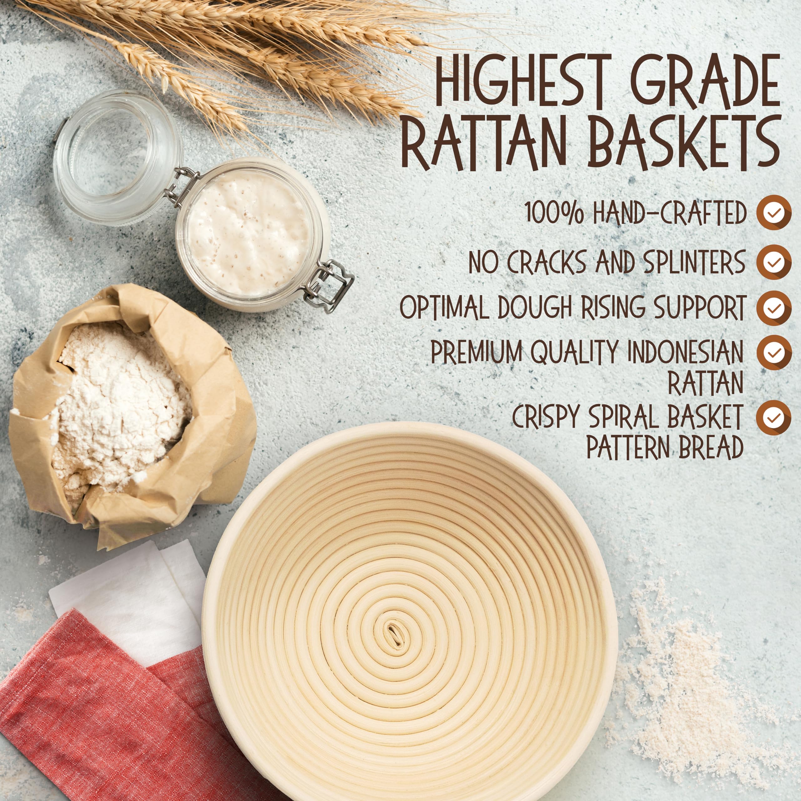 Superbaking 9 Round Banneton Bread Proofing Basket Gift Set- Sourdough Starter Kit for Crusty Artisan Style Loaves, Includes Es