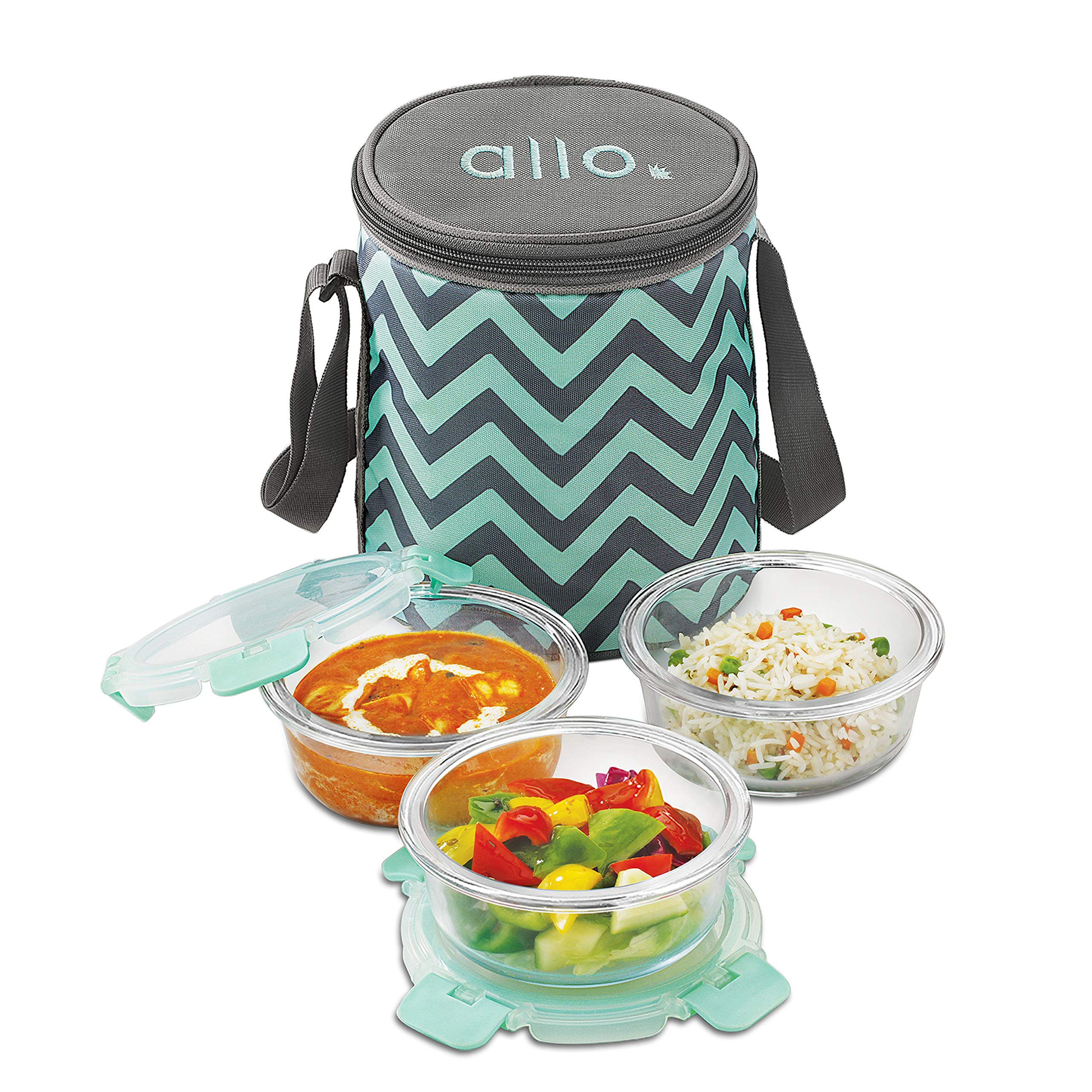 Allo FoodSafe 3 Glass Oven Safe Microwave Safe High Borosilicate Round Office Tiffin Lunch Box with Break Free Detachable Lock a