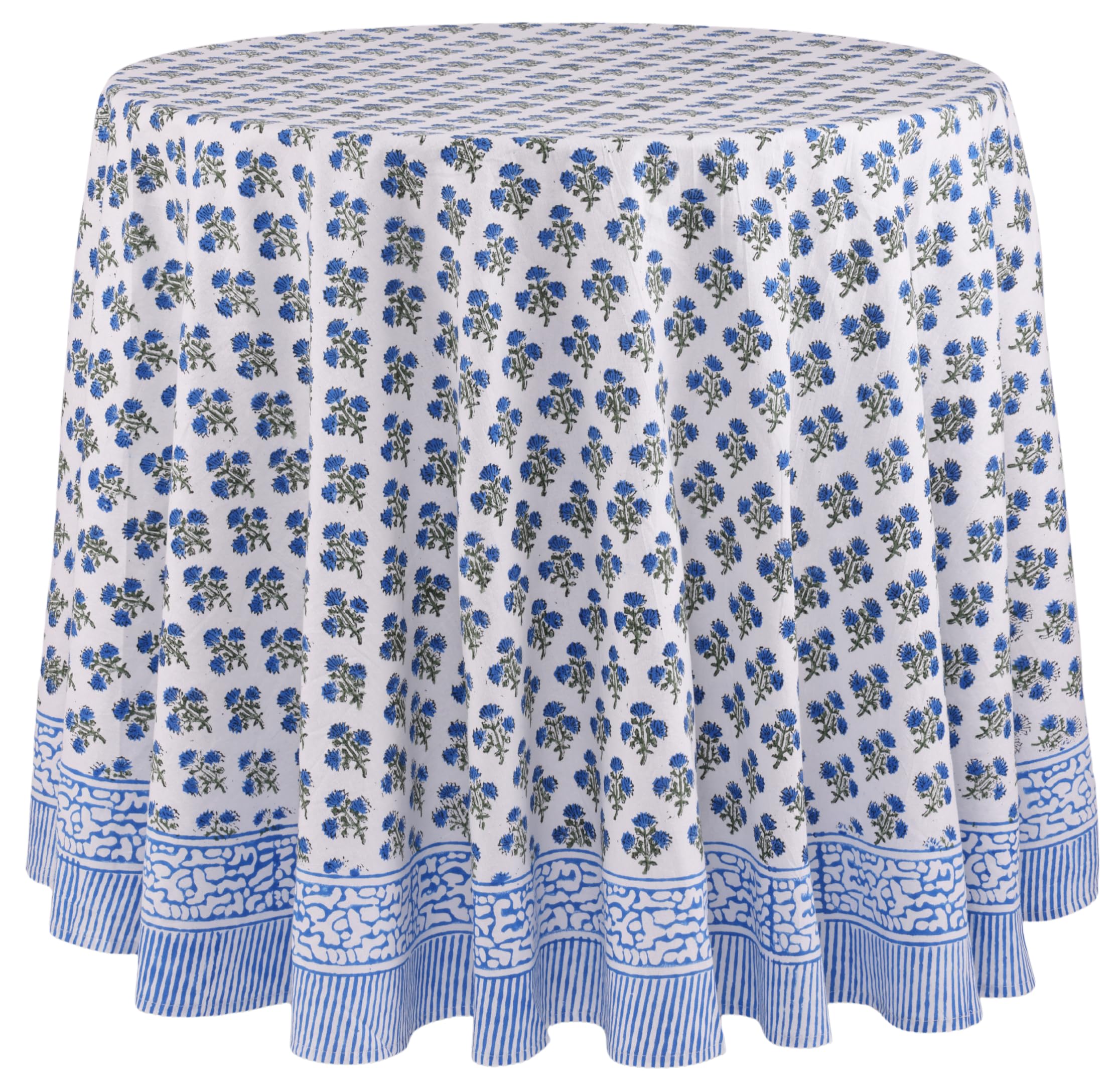 ATOSII Gulbahar Blue 100% Cotton Fall Round Tablecloth, Handblock Print Floral Table Cloth for Kitchen Dining Linen I Thanksgivi