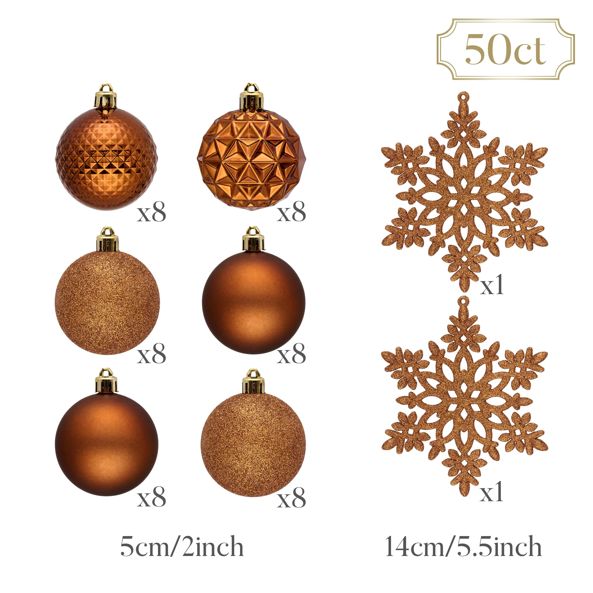 Valery Madelyn Christmas Tree Decorations Ornament Set, 50ct 2 Inches Bronze Copper Brown Shatterproof Christmas Ball Ornaments