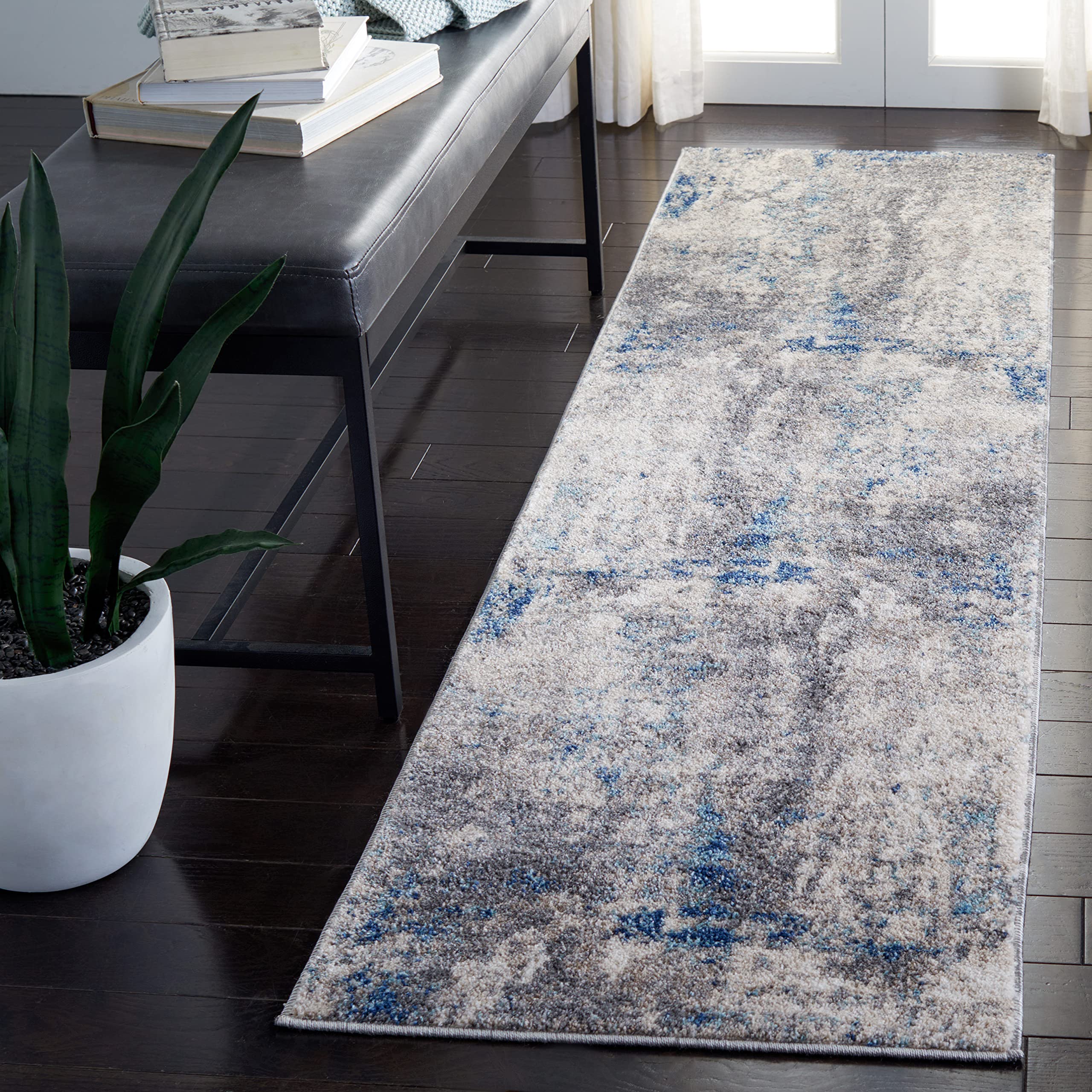 SAFAVIEH Aston Collection Runner Rug - 2 x 11, Grey & Navy, Modern Abstract Design, Non-Shedding & Easy Care, Ideal for High T