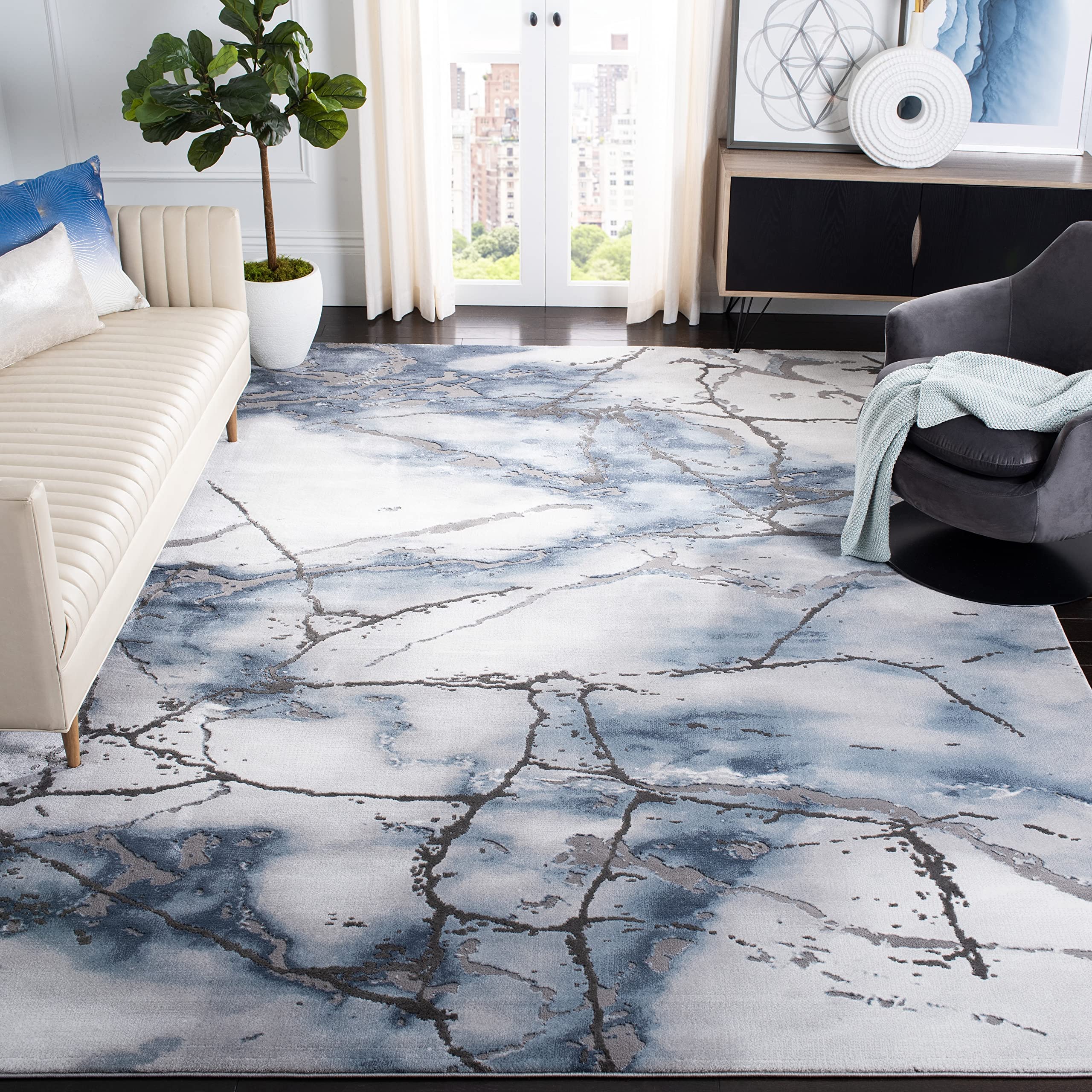 SAFAVIEH Craft Collection Area Rug - 53 x 76, Grey & Blue, Modern Abstract Design, Non-Shedding & Easy Care, Ideal for High Tr