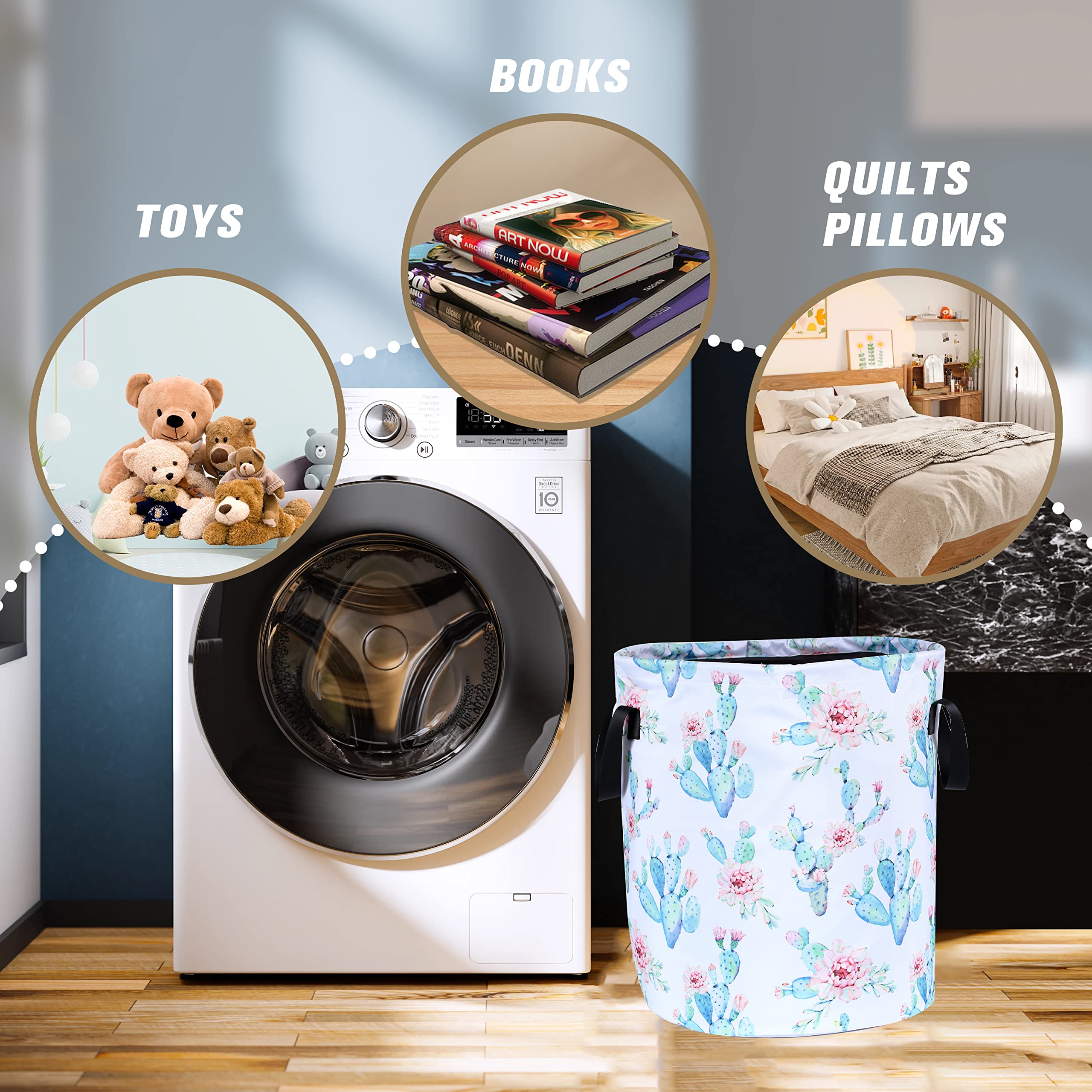 Cactus Flowers Laundry Basket Pink Floral Foldable Waterproof Oxford Cloth Funny Tote Bag Laundry Hamper Clothes Storage Bucket