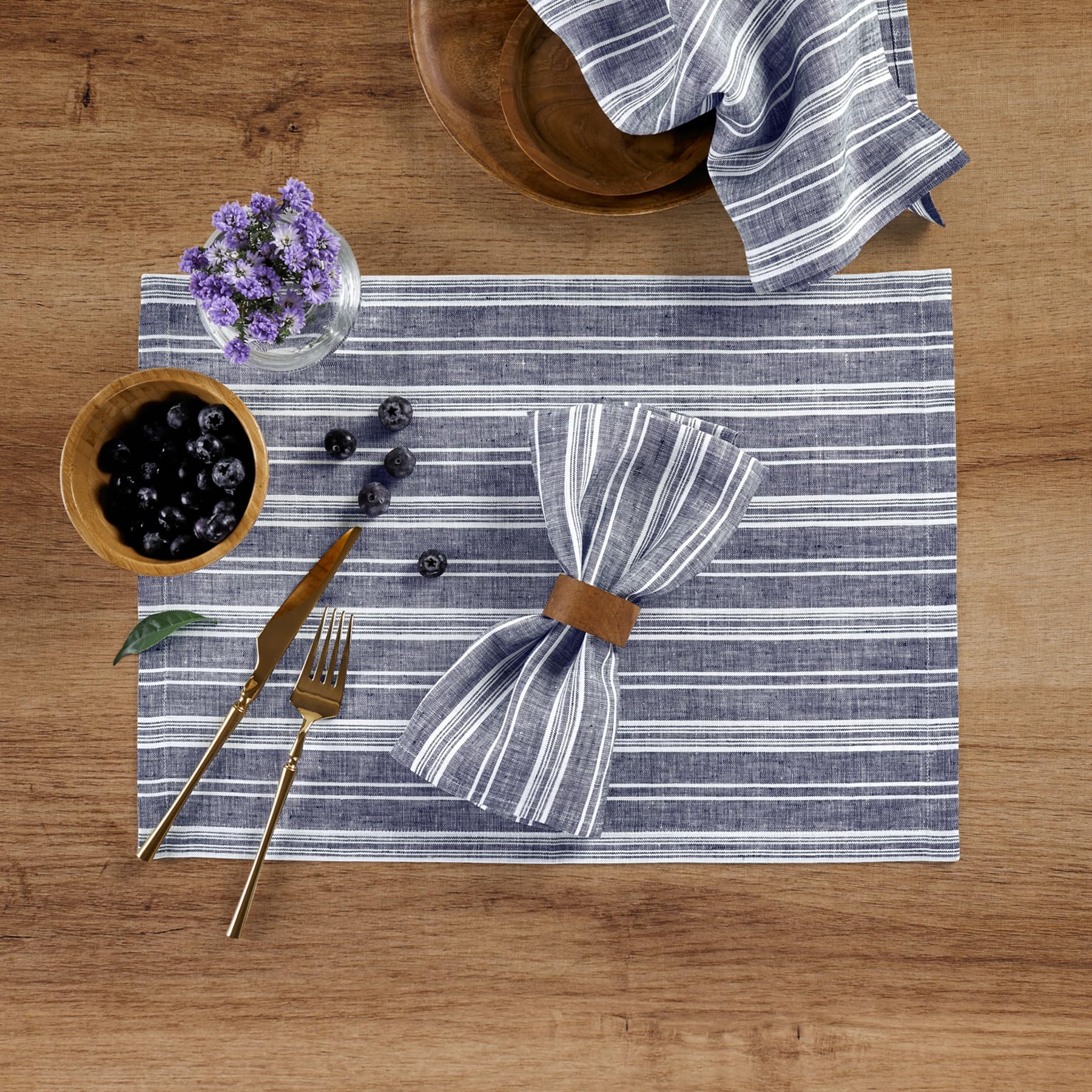 Solino Home Stripe Linen Placemats 19'' L X 14'' W Inch - 100% Pure Linen Navy And White Cloth Placemats Set Of 4 - Chelsea Stri