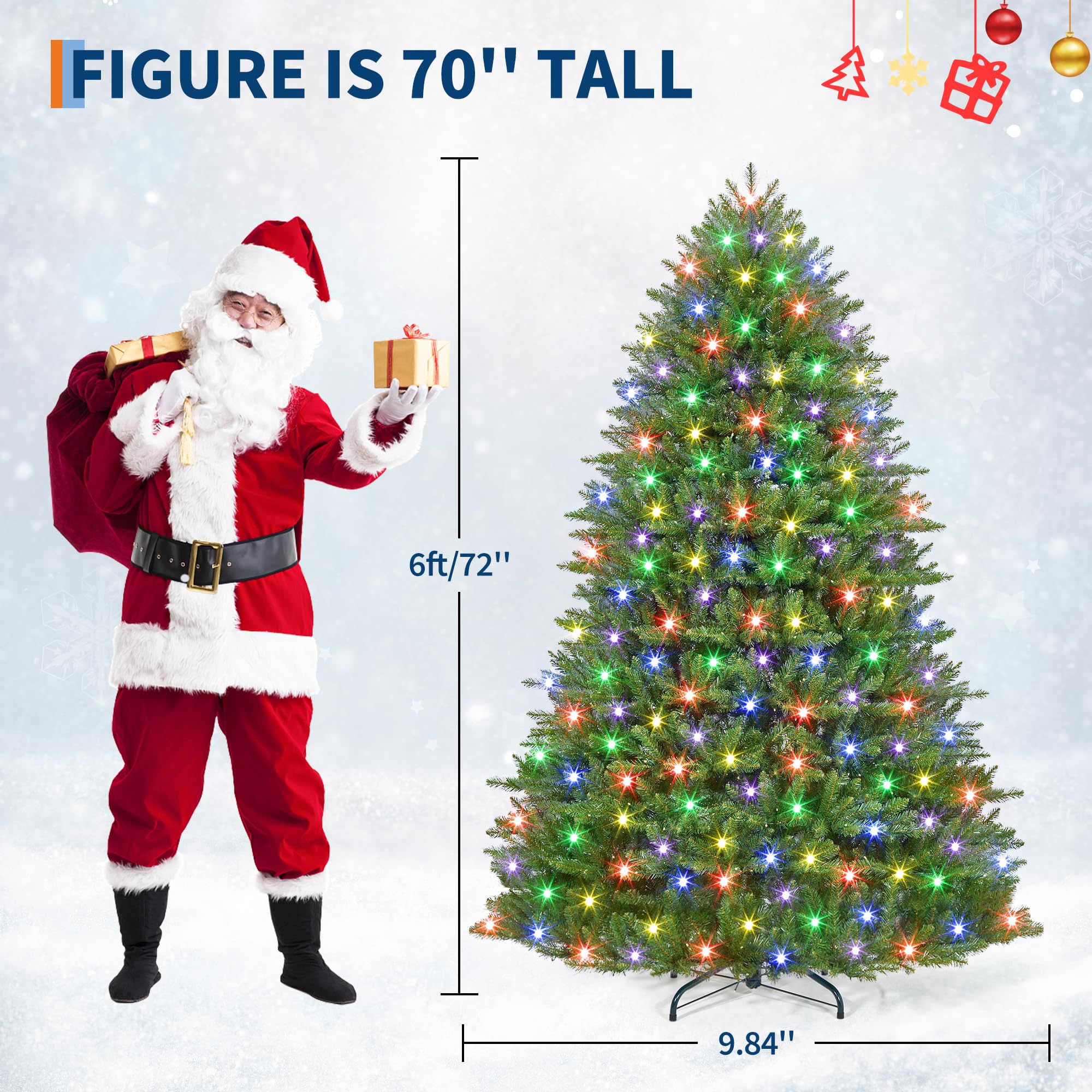 6FT Christmas Tree, Artificial Christmas Trees with 200 Lights, Prelit Christmas Tree with 8 Modes Lights, Foldable Stand, On/Of