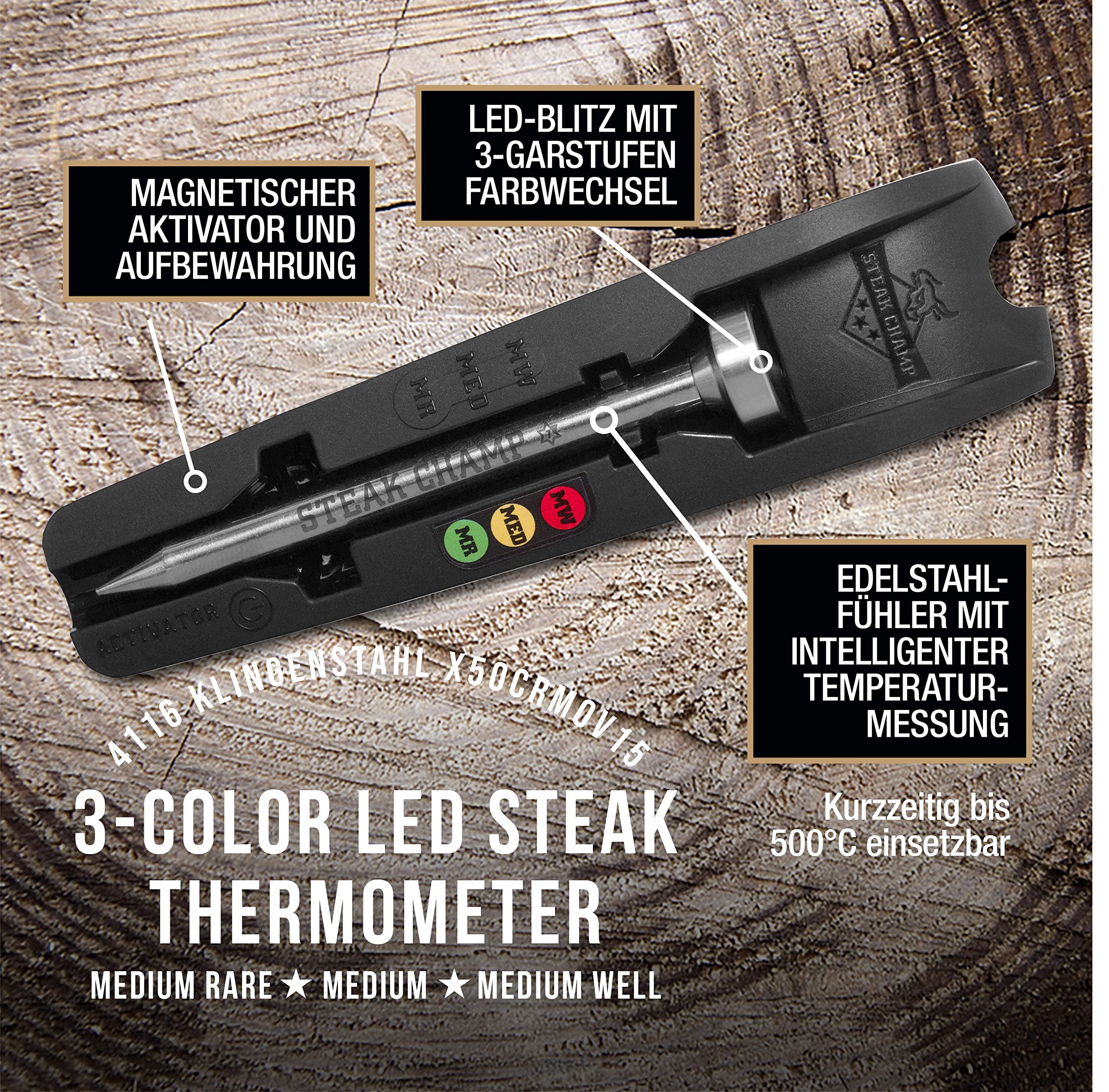 Steakchamp 3C Black, The Steak Thermometer, 3-Color Led Thermometer - Version 2021
