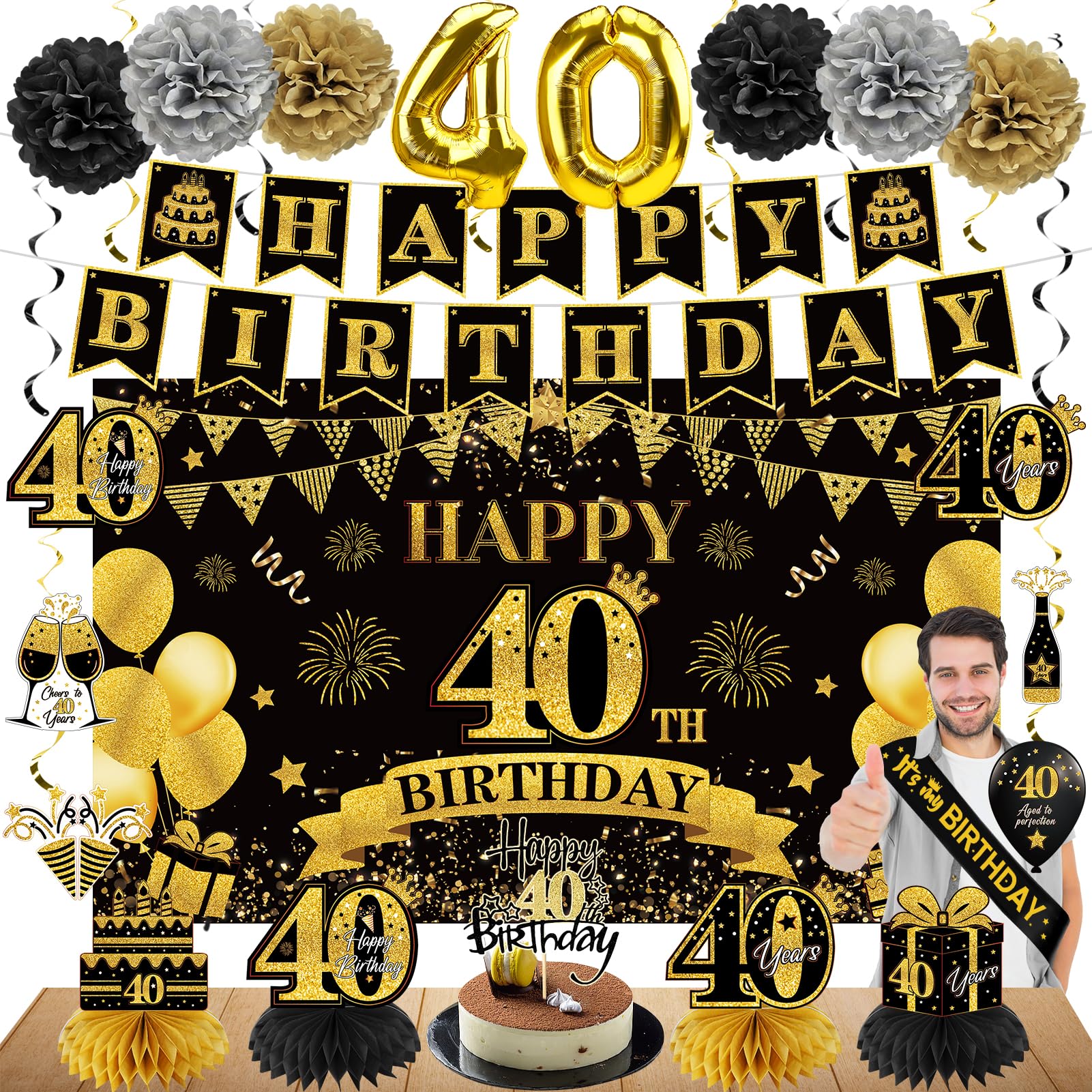 Eucutur 42Pcs 40Th Birthday Decoration Kit For Men Women, Black Gold Happy 40Th Bday Banner Balloons Honeycomb Centerpiece Swirl